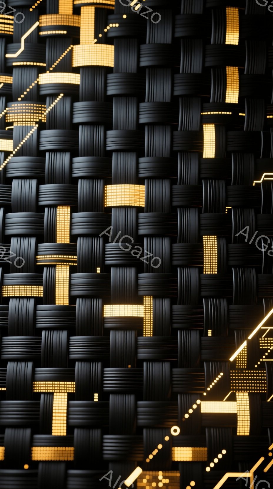 画像は、黒い織り目のようなテクスチャを背景に、金色の光のラインが幾何学的に配置された抽象的な表現です。光のラインは、水平、垂直、そして点線状に走り、まるで電気回路や未来的な都市の景観を想起させます。全 - AI生成フリー素材