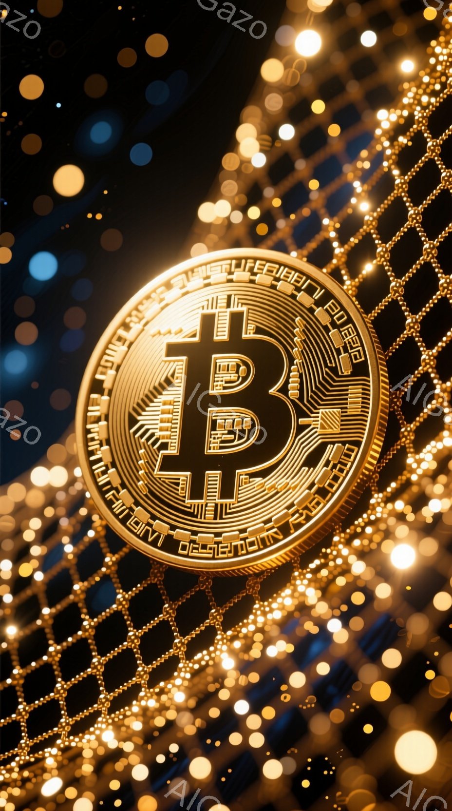 鮮やかな金色のビットコインが、暗い背景に浮かび上がっています。コインの周囲には、金色の光の粒子が星のように散りばめられ、さらに複雑な光のネットワークが描かれています。全体的に、デジタル通貨の未来的な輝きと技術的な複雑さを強調した、壮大で神秘的な雰囲気を醸し出しています。