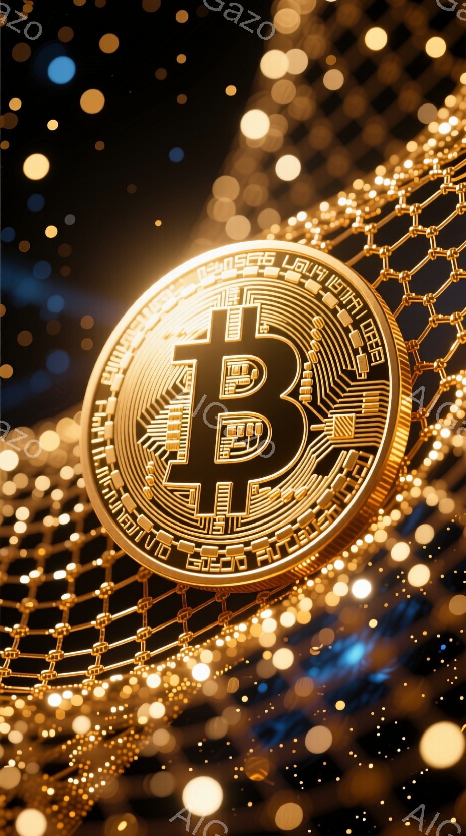 画像は、金色のビットコインが中央に大きく配置され、複雑な回路のような模様が描かれています。背景は暗く、ぼやけた光の粒子が散りばめられており、ビットコインが光り輝いているように見えます。全体的に、デジタル通貨の未来的なイメージを強調した、洗練された雰囲気です。