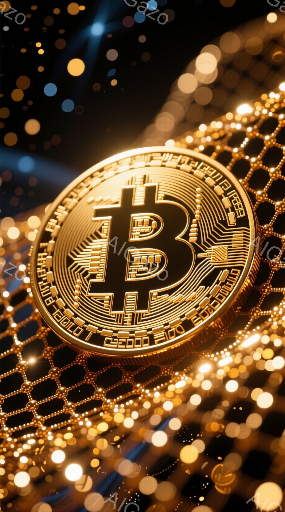 画像は、金色のビットコインのアイコンが中心に配置されており、背景にはぼやけた光の粒子が散りばめられています。ビットコインのアイコンは複雑な回路パターンで装飾されており、金色の輝きが特徴的です。全体として、富、テクノロジー、そして未来的な金融を連想させる、洗練された雰囲気です。