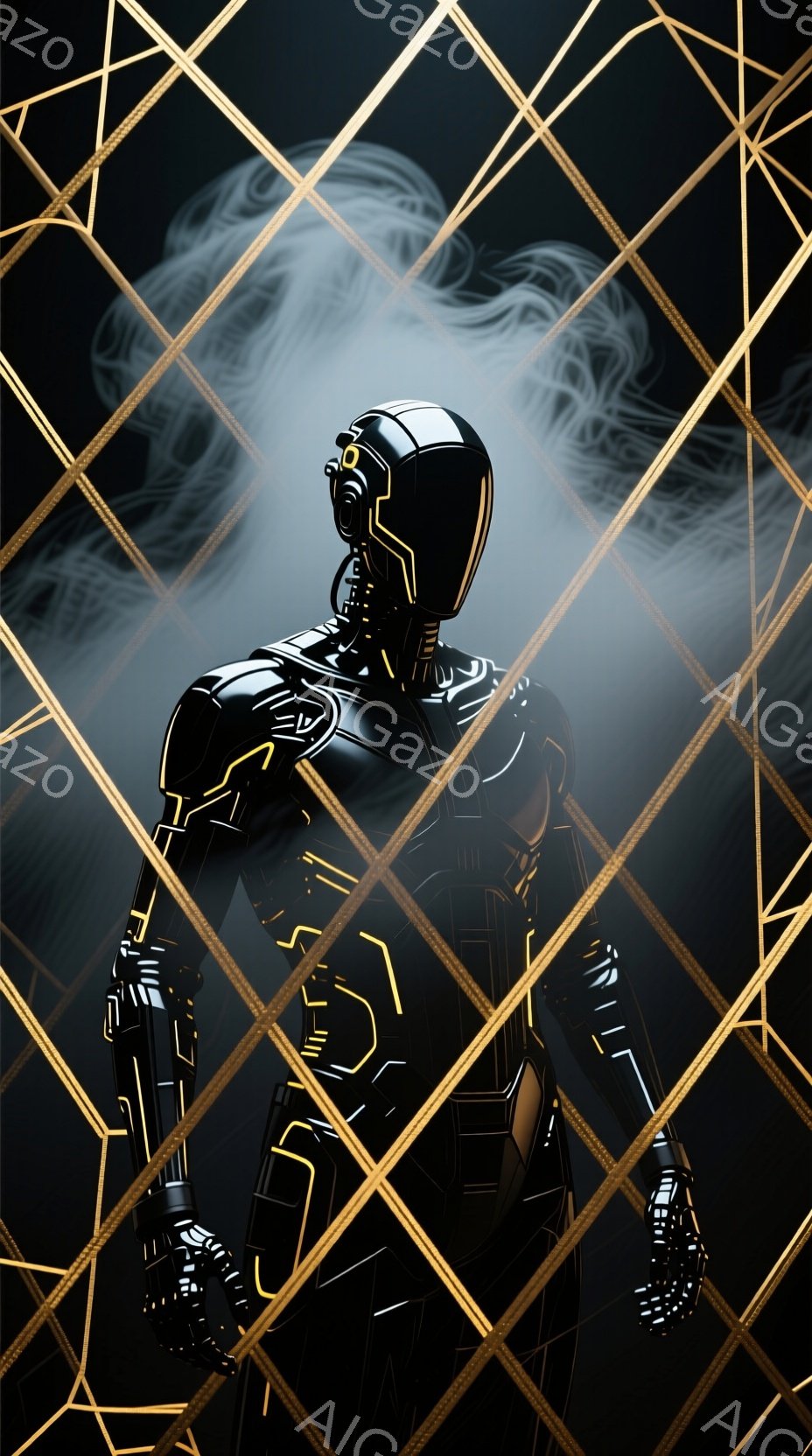 黒色の未来的な装甲服を身につけた人物が描かれています。金色のラインが身体の輪郭を強調し、サイバーパンク的な印象を与えます。背景には暗い空間とぼんやりとした光の筋が描かれ、神秘的で緊張感のある雰囲気を醸し出しています。