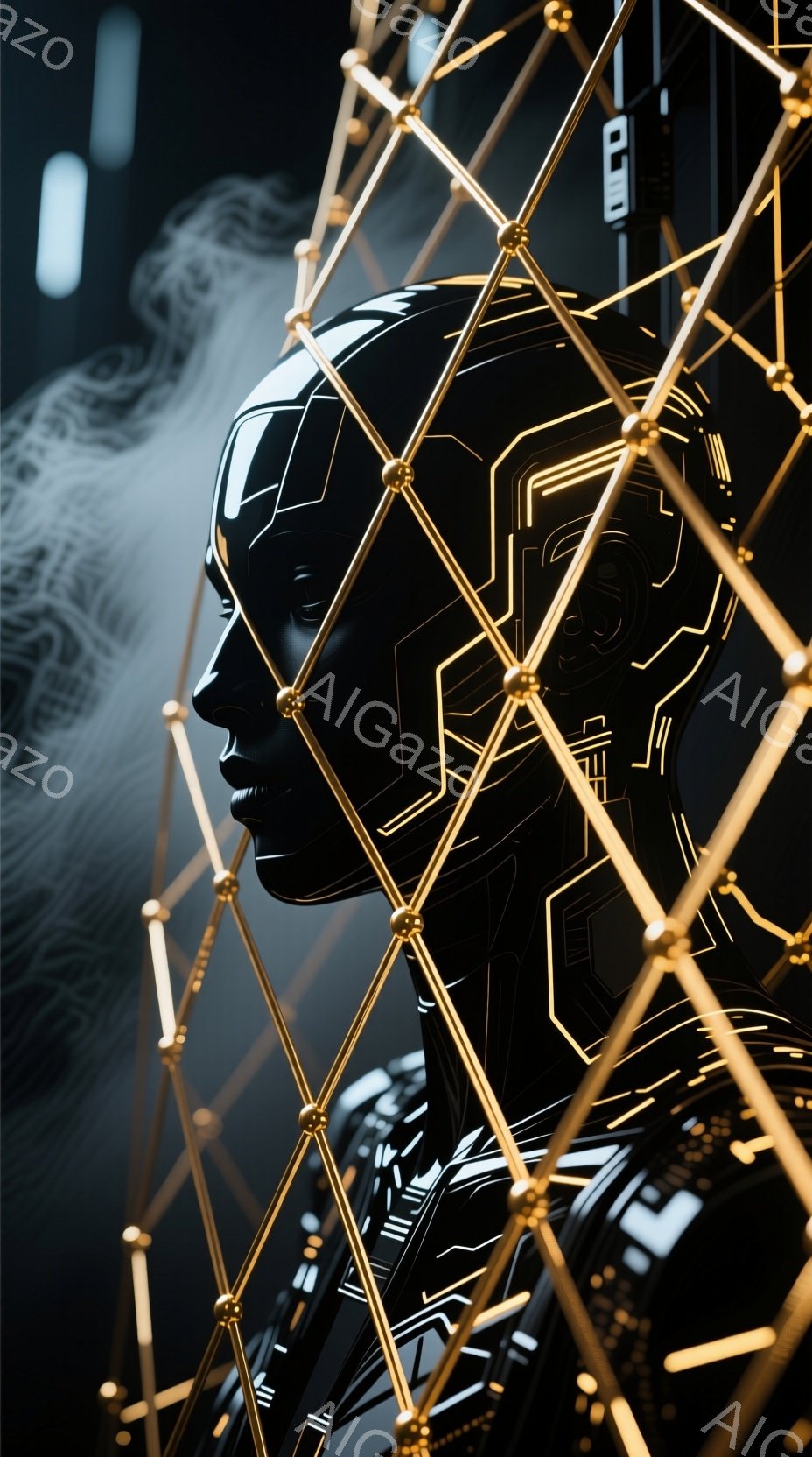 画像は、金色の線で構成された複雑な網目模様を通して見える、黒色の肌を持つ女性の横顔を描いています。彼女は未来的なデザインの衣装を身につけ、その顔には光沢のある金色のラインがテクノロジーのような模様として描かれています。背景は暗く、未来的な雰囲気であり、金色の網目が彼女を囲み、まるでサイバー空間に存在するような印象を与えます。