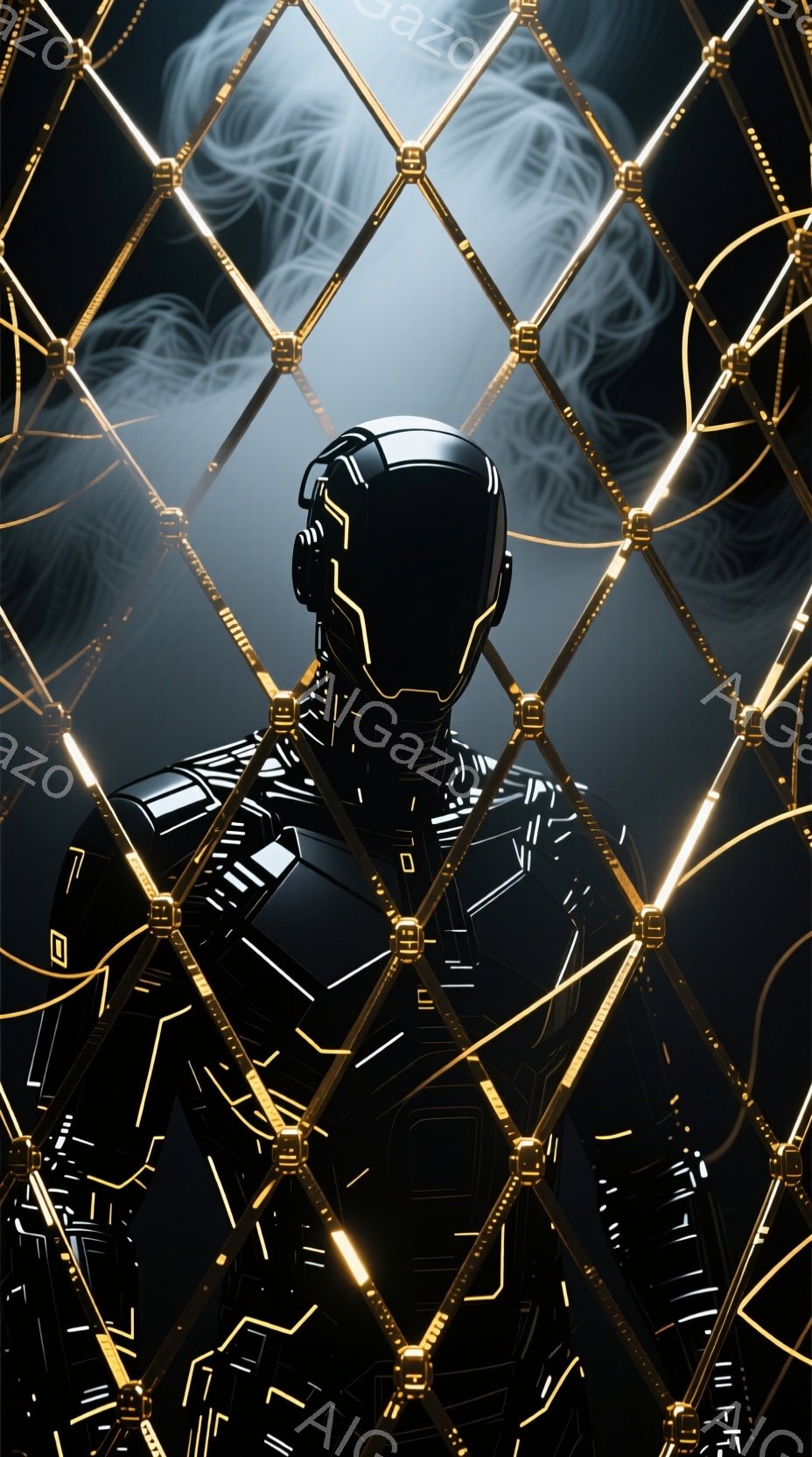 黒い未来的な装甲服を身につけた人物が描かれています。ヘルメットとボディスーツは幾何学的な線と発光するアクセントで覆われ、サイバーパンク風のデザインを強調しています。背景には金色の光の線が網の目のように広がり、暗い空間に浮かび上がる未来的な雰囲気を醸し出しています。
