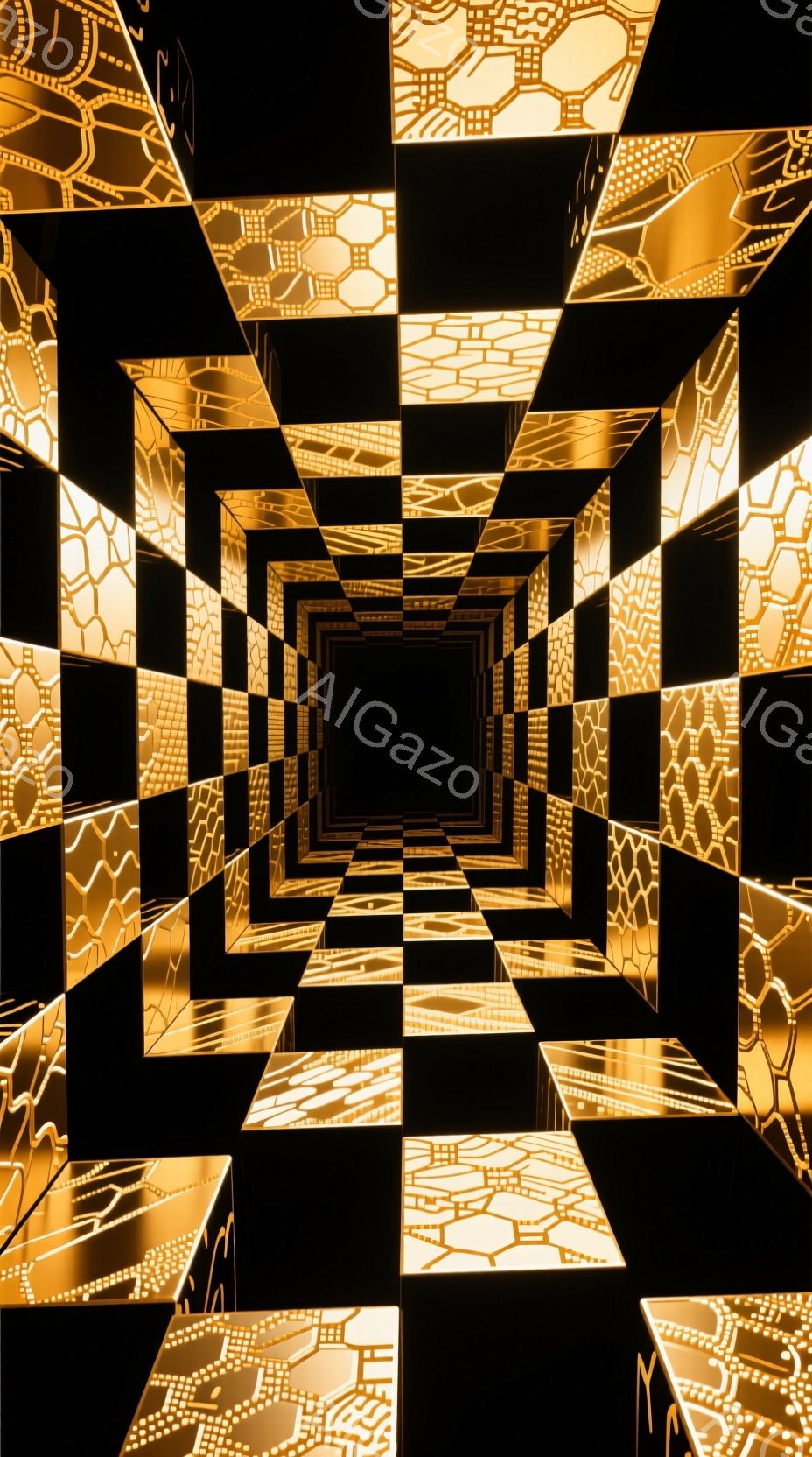この画像は、黄金色の立方体が無限に続くような、未来的な回廊を描いています。立方体は複雑なパターンで装飾され、光を反射して幻想的な空間を作り出しています。奥行きが強調されており、見る者はその中に引き込まれるような感覚を覚えます。