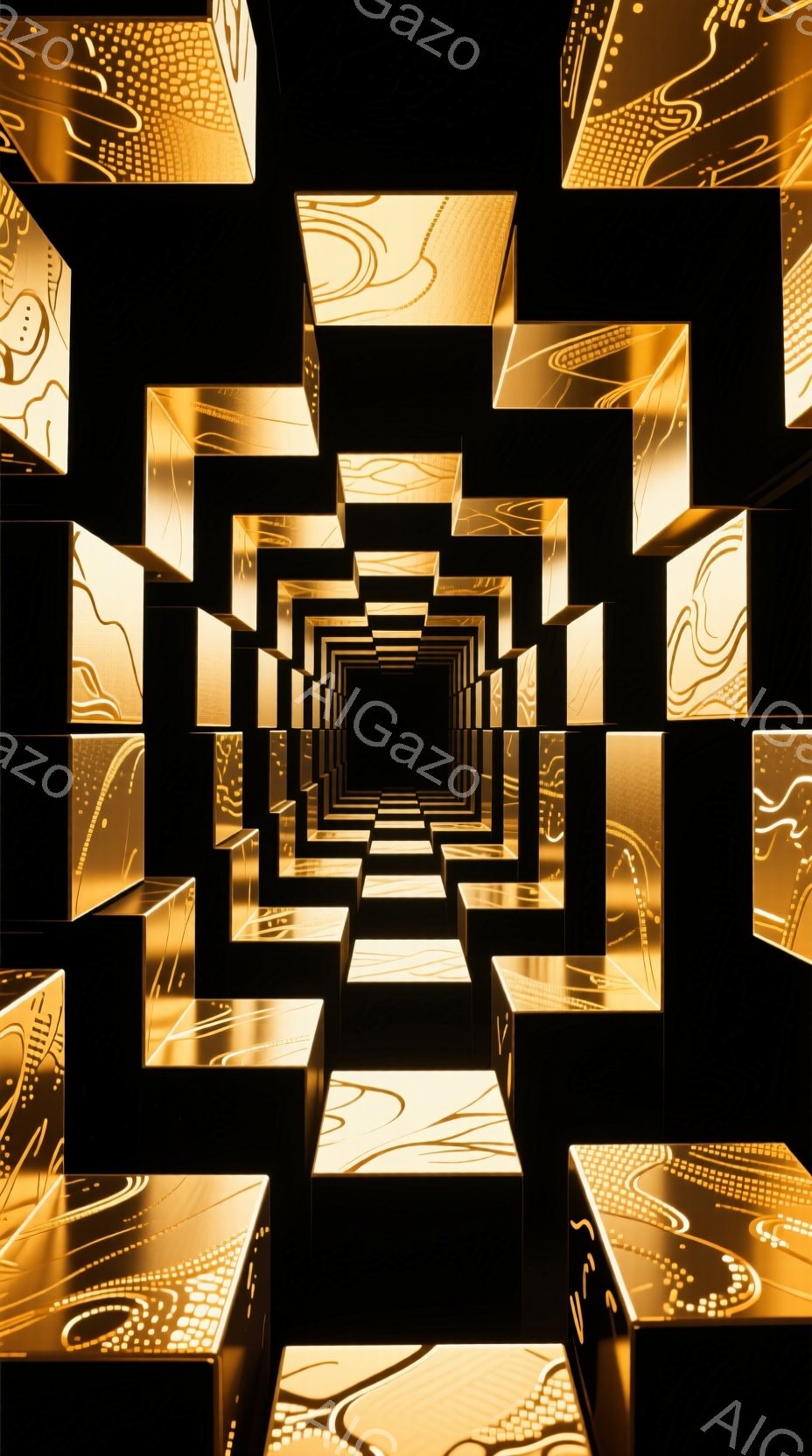 画像は、黄金色の立方体が無限に続くトンネルを描写しています。立方体は複雑な模様で装飾され、光の反射によって輝き、視覚的な奥行きを生み出しています。全体として、未来的な迷路のような雰囲気を醸し出し、無限に続く空間の神秘性を表現しています。