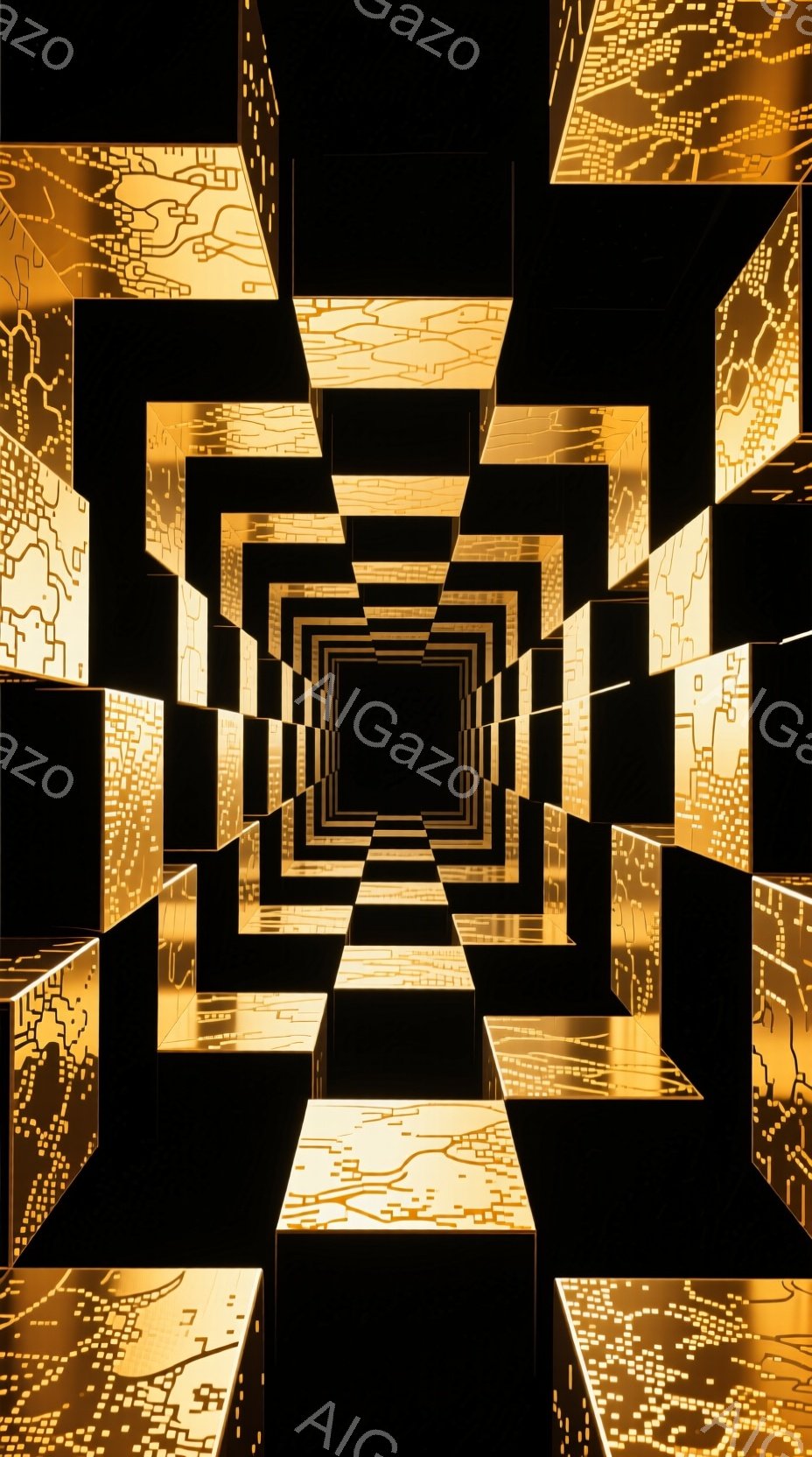 この画像は、金色の立方体が無限に続くトンネルのような空間を描いています。立方体には複雑な回路のような模様が刻まれ、未来的なテクノロジーを連想させます。暗闇の中に浮かび上がる光のパターンが、神秘的で没入感のある雰囲気を生み出しています。