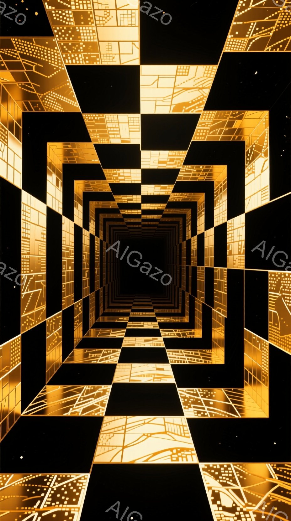 黄金色の幾何学的なトンネルが、無限に続く奥行きを描いている。壁面は細かいグリッド状のパターンで構成され、光が反射して未来的な雰囲気を醸し出している。暗闇の中に浮かび上がる黄金色の構造は、まるで異次元空間への入り口のようだ。