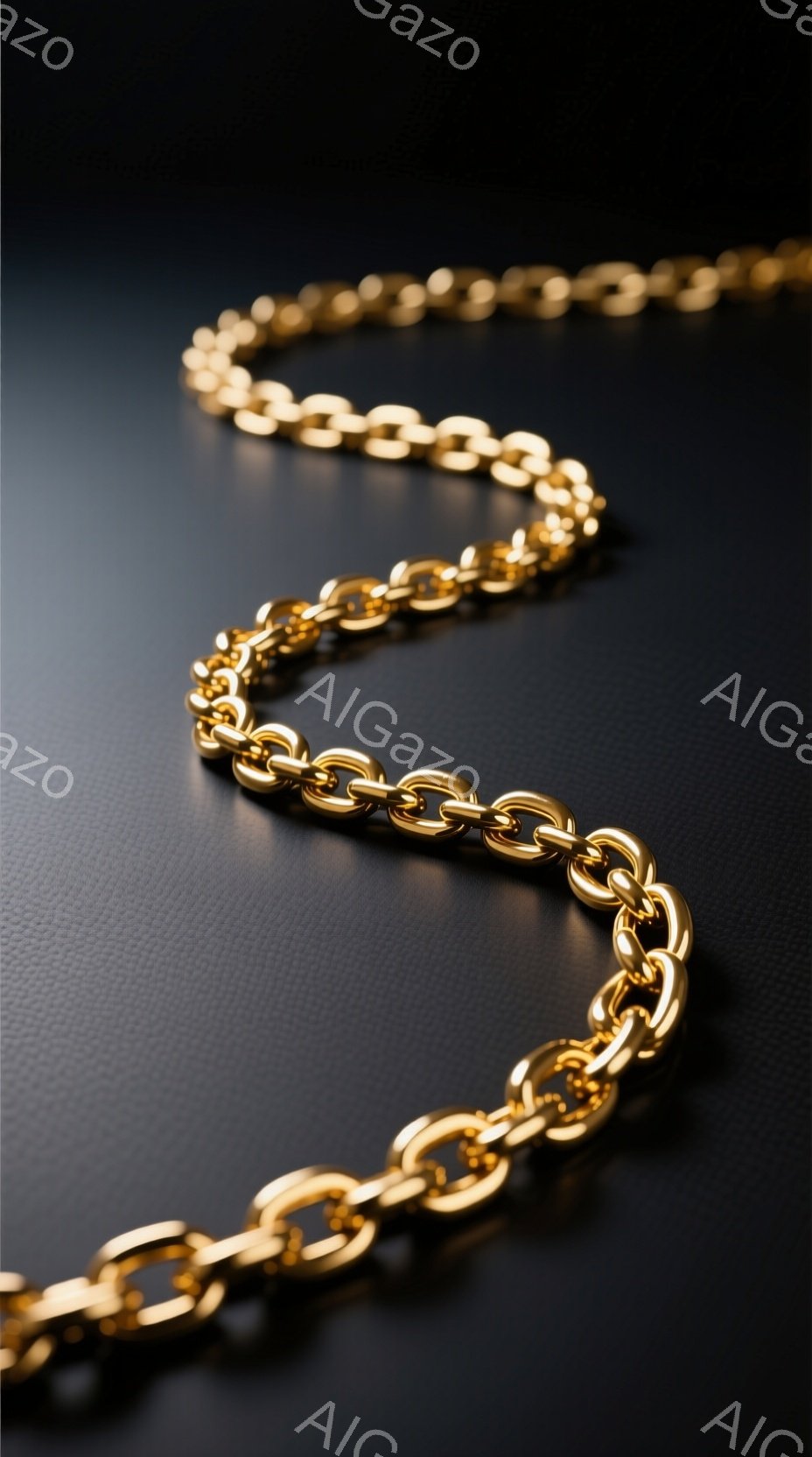 漆黒の背景に、太くて光沢のある金のチェーンが不規則に曲線を描いて配置されている。チェーンのリンクは丸みを帯びており、光を反射して鮮やかな輝きを放っている。背景はテクスチャがあり、チェーンの高級感と存在 - AI生成フリー素材