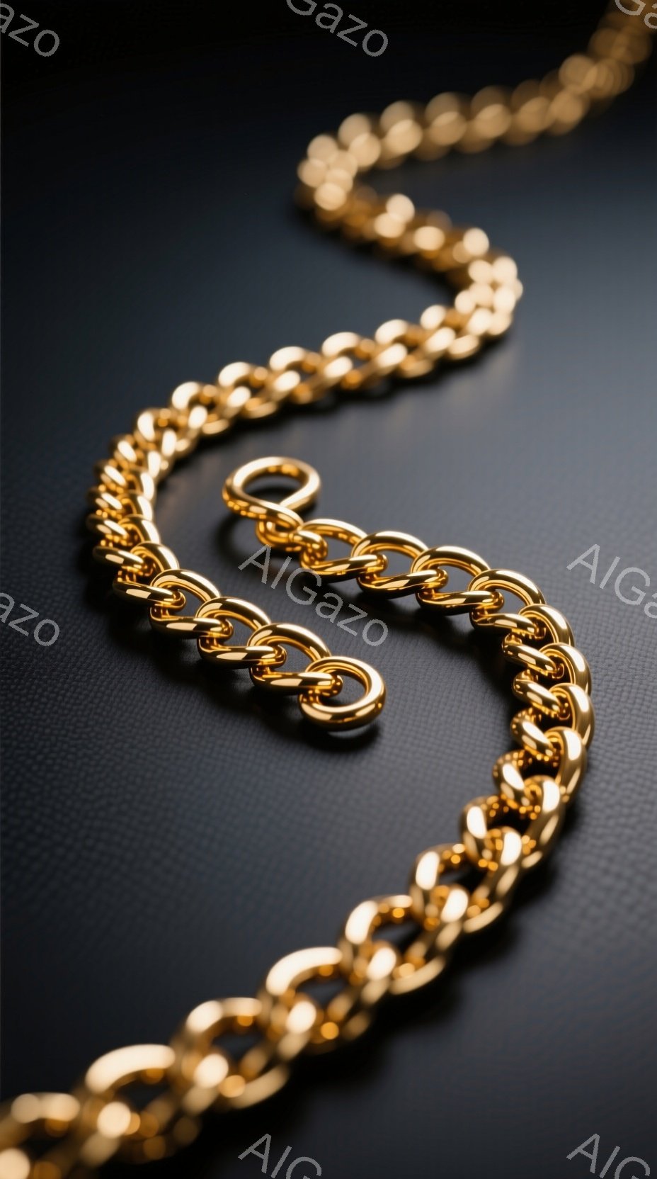 鮮やかな金色のチェーンが、テクスチャのある濃いグレーの背景に大胆に配置されています。チェーンは、明るい光の反射によって際立ち、その複雑なリンク構造が強調されています。全体的に、洗練された高級感と、光沢 - AI生成フリー素材