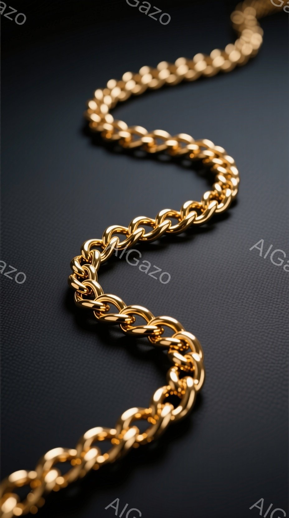 画像は、暗い背景に映える太い金のチェーンのクローズアップです。チェーンは明るい金色で、光を反射して輝き、質感と詳細が強調されています。 全体的に、洗練された豊かさを暗示する、豪華で装飾的な雰囲気です。