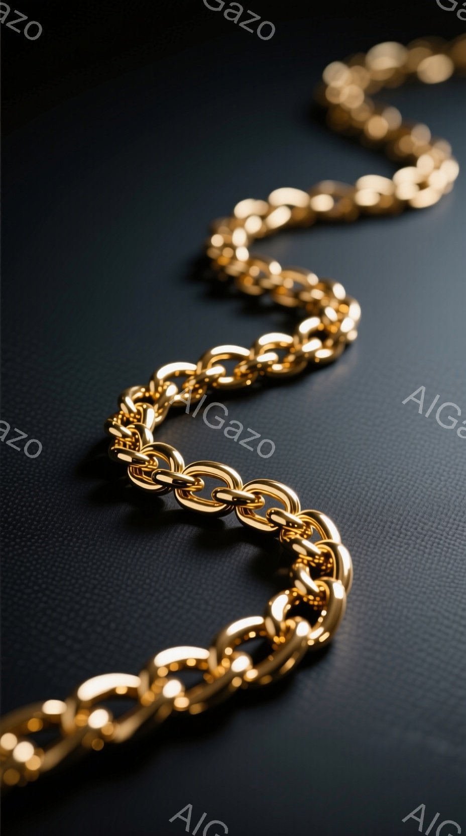 画像は、暗いテクスチャード背景に沿って配置された太くて光沢のある金色のチェーンを示しています。チェーンは複雑なリンクで構成され、光を反射して高級感と洗練された雰囲気を醸し出しています。全体的に、ミニマリスト的でモダンな印象を与える、洗練されたアクセサリーのクローズアップ写真です。