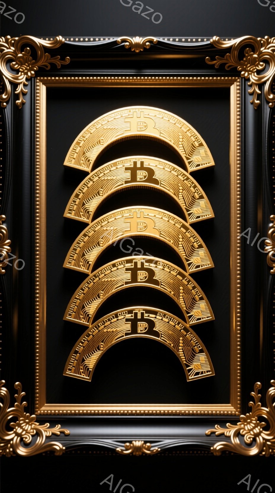 画像は、精巧な金色のフレームに囲まれた、ビットコインのロゴが積み重ねられたアート作品です。ロゴは半円弧状に配置され、背景は黒で、全体的に重厚で高級感のある雰囲気を醸し出しています。金色のフレームとビットコインのロゴのコントラストが、現代アートのような印象を与えます。
