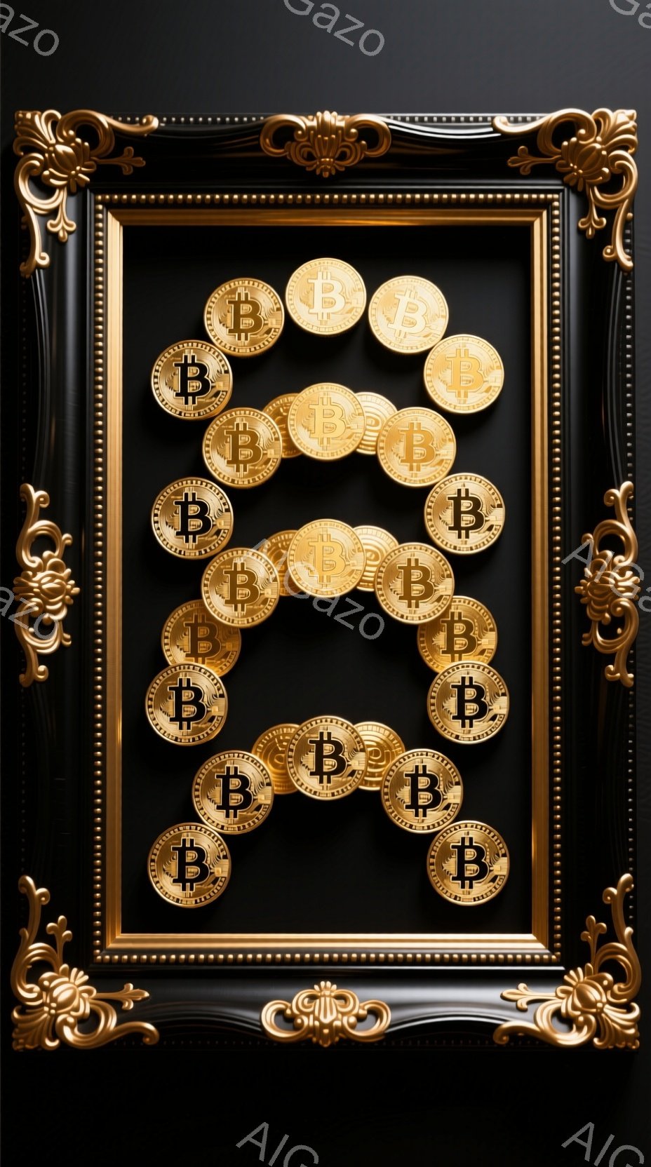 漆黒の背景に、金色の装飾が施されたフレームが描かれています。フレーム内には、ビットコインのマークが入った金色のコインが多数散りばめられており、富やデジタル通貨を象徴するような印象を与えます。コインの配置はランダムでありながら、フレームに収まるようにバランスが取れています。