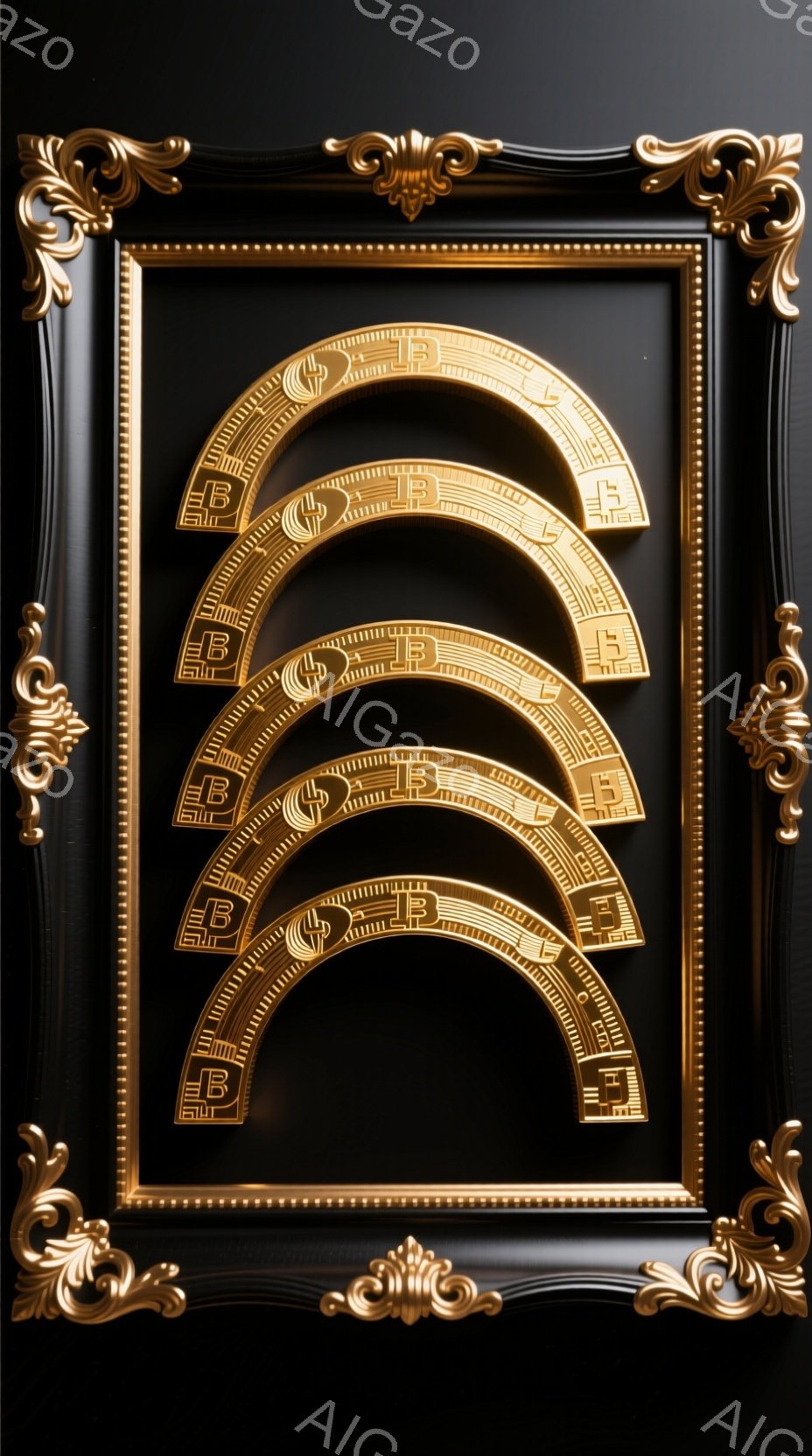 画像は、豪華な金色のフレームに囲まれた、複数の円弧状の構造物が描かれています。各円弧は、何らかの計器のスケールのような模様を持ち、中央に「B」の文字が刻印されています。背景は漆黒で、円弧とフレームの金色の輝きを際立たせており、重厚で芸術的な雰囲気を醸し出しています。