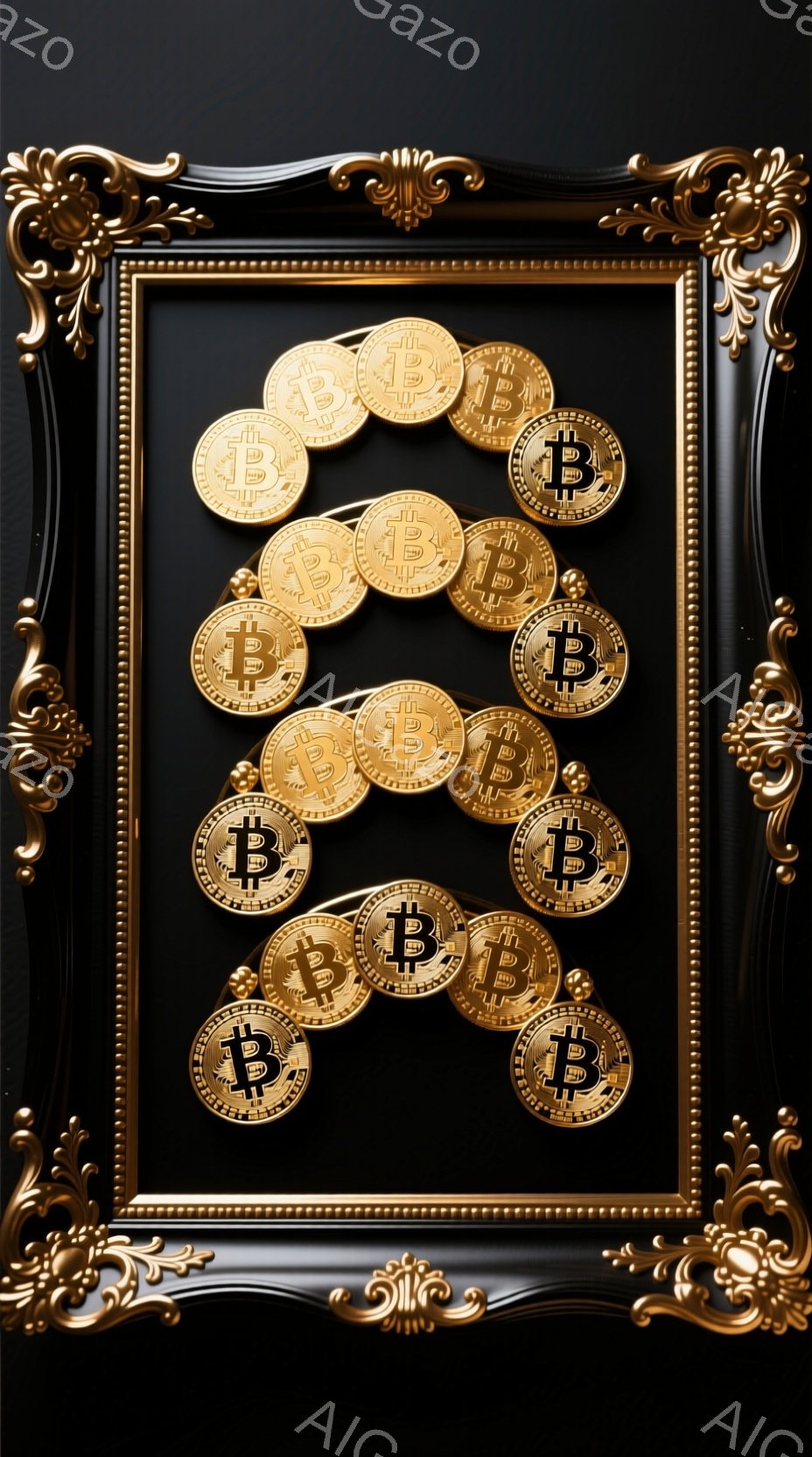 豪華な金色の額縁の中に、ビットコインのコインが散りばめられています。黒色の背景に金色のコインが映え、富とテクノロジーの象徴のような雰囲気を醸し出しています。コインは様々な方向に散らばっており、躍動感と豊かさを感じさせます。