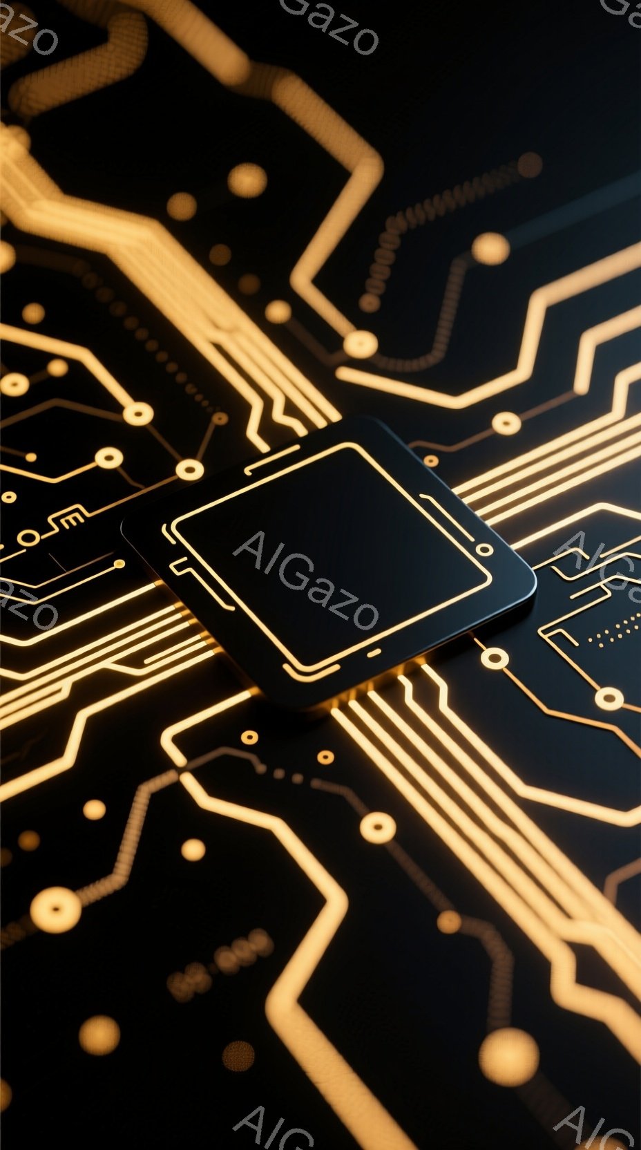この画像は、黒い背景に金色の回路が複雑に描かれた基板の上に、黒い四角いデバイスが置かれている様子を捉えたものです。デバイスは光沢があり、近未来的な印象を与えます。回路はデバイスの周りに広がり、技術的な雰囲気と洗練された美しさを強調しています。