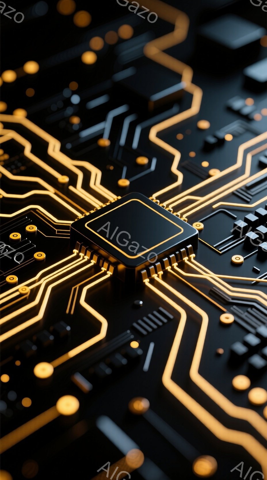 この画像は、黒い基板上に金色の配線が複雑に描かれた電子回路のクローズアップです。中央には、黒い四角いICチップが配置され、金色のピンが接続されています。全体的に未来的な雰囲気で、テクノロジーの進化を感 - AI生成フリー素材