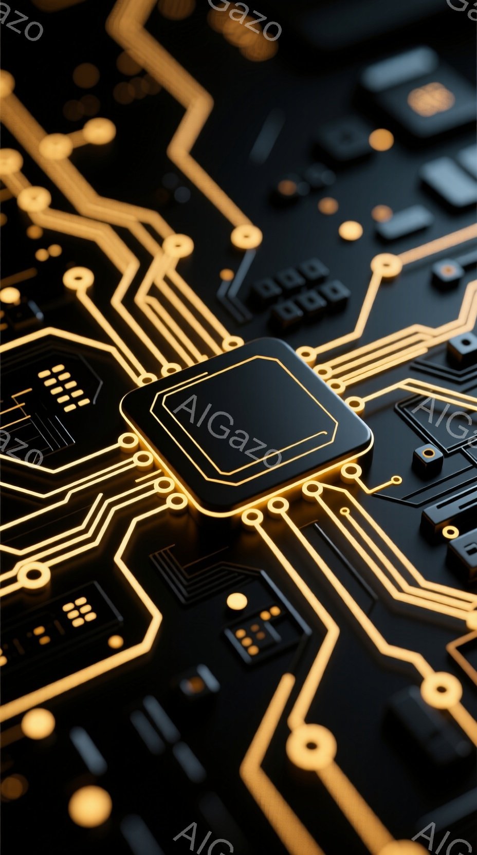 この画像は、黒い基板上に金色の配線が複雑に走る様子を捉えたクローズアップです。中央には、四角い黒いチップが配置され、配線と接続されています。全体的に未来的なテクノロジーを感じさせる鮮やかな光沢があり、 - AI生成フリー素材