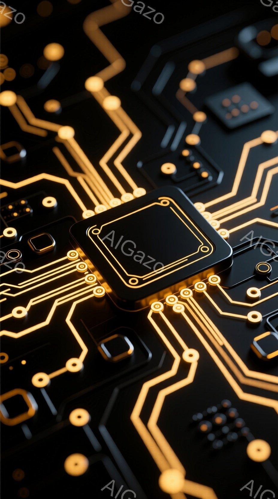 この画像は、黒い背景に金色の回路が複雑に描かれたテクノロジー関連のクローズアップ写真です。中央には、金色の配線で囲まれた黒い四角形のチップが配置され、周辺には様々な電子部品が点在しています。全体として - AI生成フリー素材