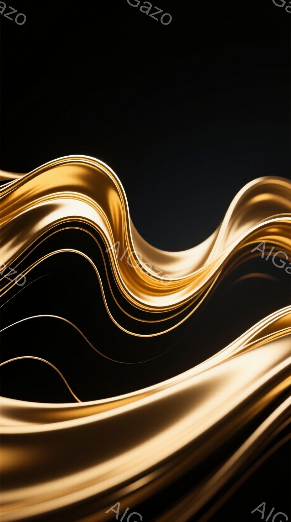 画像は、暗い背景に浮かび上がる、流れるような金色の帯の抽象的な表現です。帯は光沢があり、滑らかで曲線的な形状をしており、まるで液体金属が動いているかのような印象を与えます。この画像は、優雅で洗練された雰囲気を醸し出しており、光と影のコントラストが強調されています。
