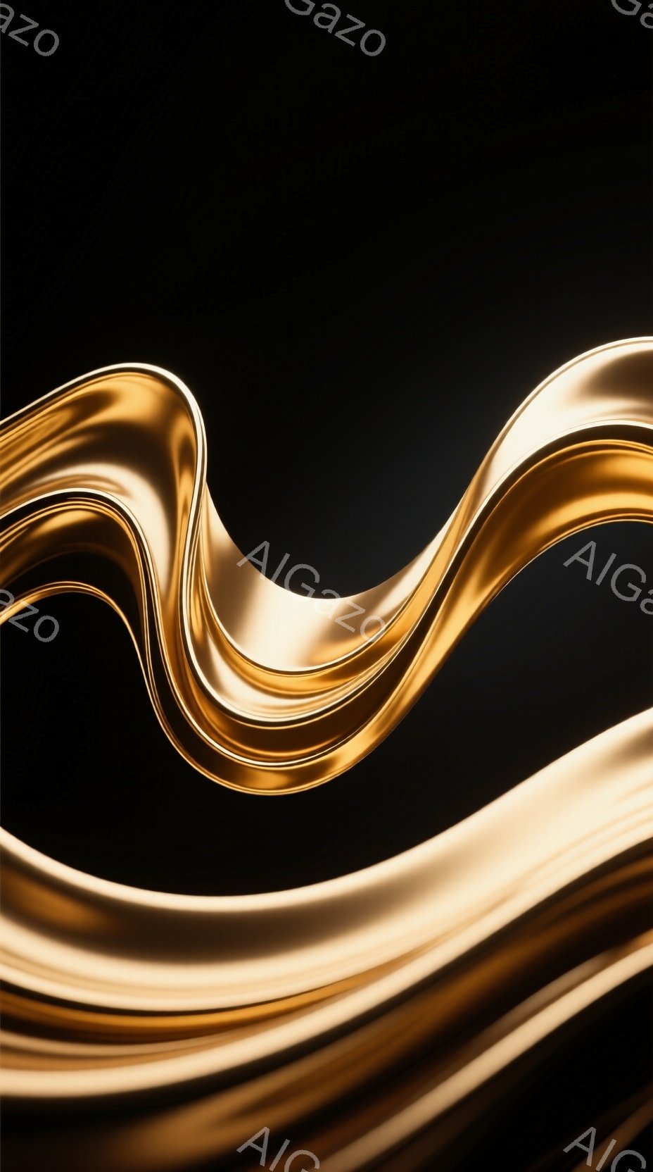 漆黒の背景に、金色のリボン状の物体が流れるように描かれています。光沢のある表面は、まるで液体金属のように見え、複雑な曲線と陰影によって、流動感と立体感が強調されています。全体的に、優雅さと洗練された美しさを感じさせるイメージです。