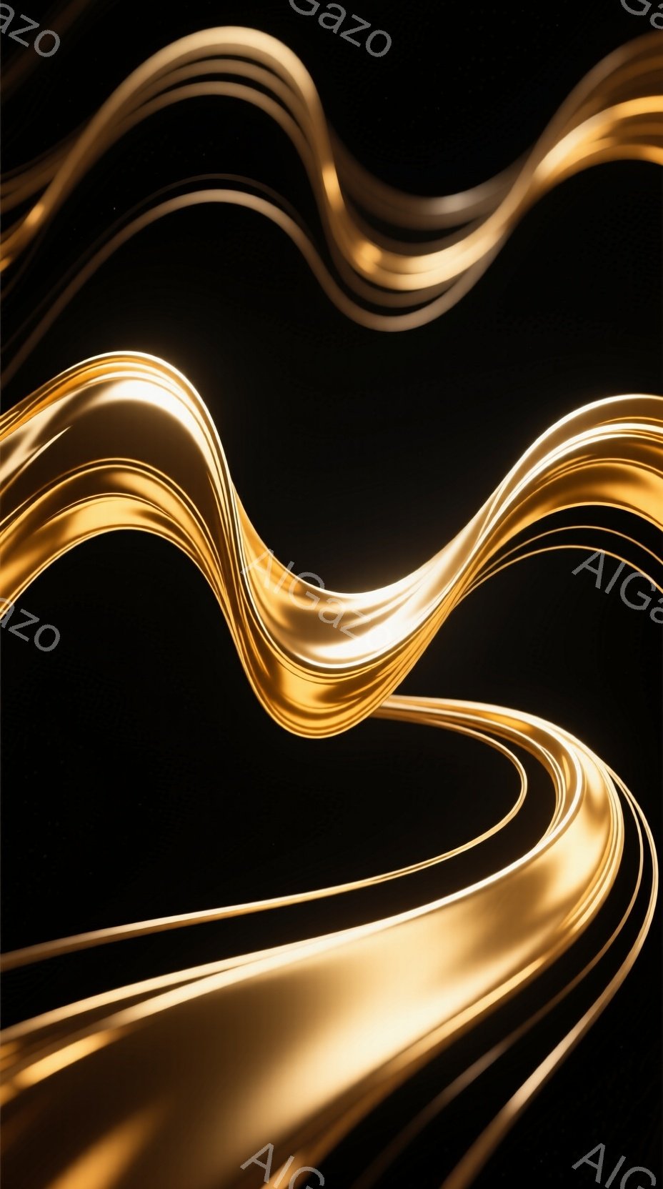 深い黒色の背景に、ねじれた金の帯が幾重にも重なり合って描かれています。帯は流れるような曲線を描き、光沢のある質感で表現されており、まるで液体の金属が空中に漂っているかのようです。 全体的に、優雅で抽象的な雰囲気で、動きとエネルギーを感じさせます。