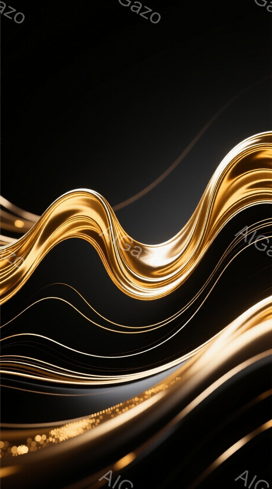 漆黒の背景に、金色の帯のような光が流れるように描かれている抽象的なイメージです。光は曲線を描き、まるで流動的なエネルギーや光の軌跡を表現しているかのようです。下部には小さな金色の粒子が散りばめられてお - AI生成フリー素材