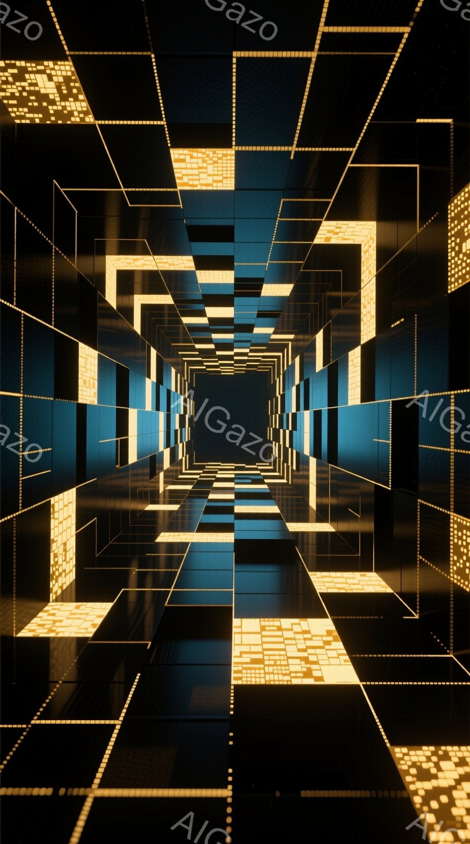 眩い光のトンネルが、無限に続くように広がっている。黒と青を基調とした空間には、規則的に配置された光の線と立方体が、未来的な幾何学模様を描き出している。奥行きが強調されたこの構造は、まるでデジタル世界の迷宮のようで、神秘的で没入感のある雰囲気を醸し出している。