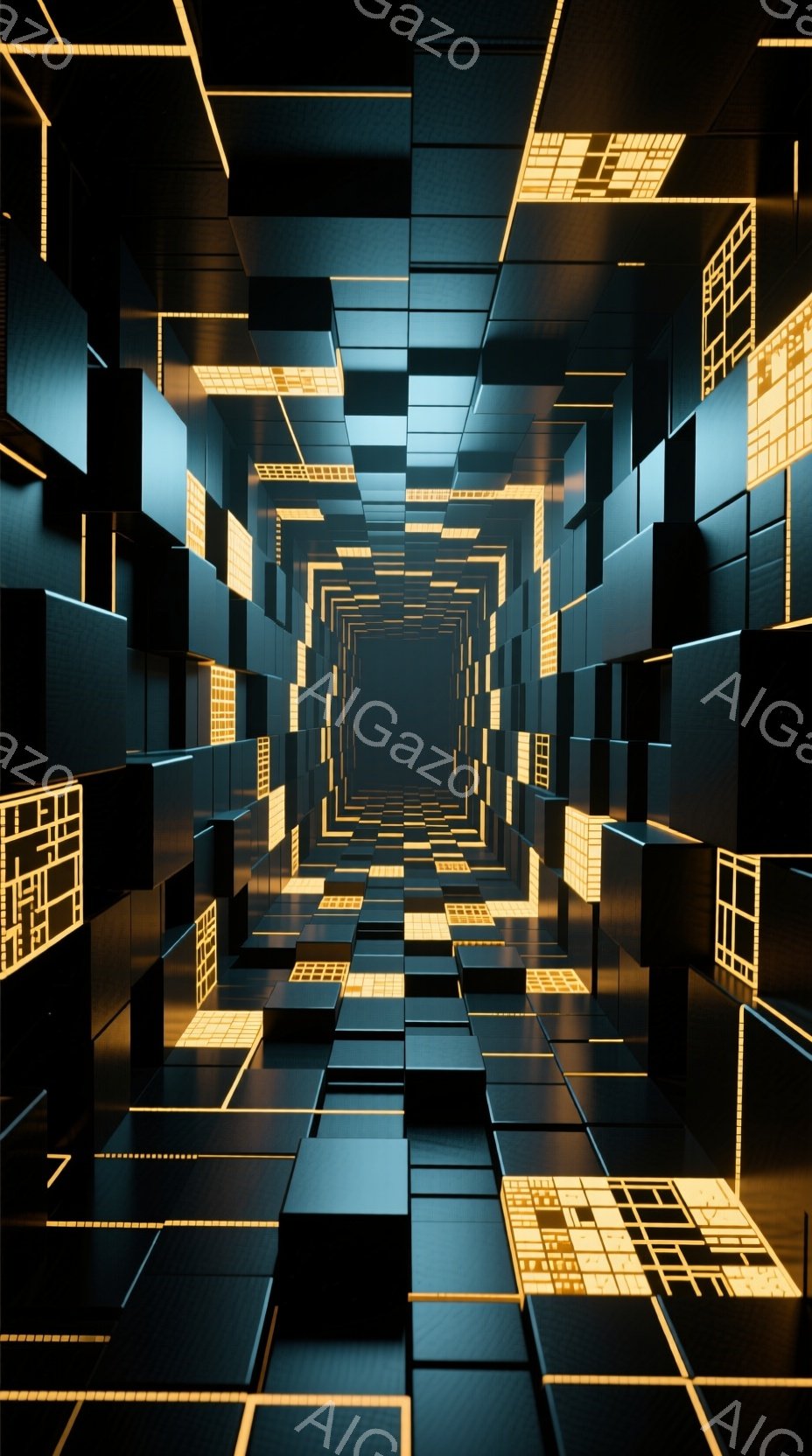 無数の黒い立方体が整然と並び、未来的なトンネルのような空間が広がっている。立方体には明るい黄色のラインが走り、幾何学的な模様が浮かび上がる。暗く、深淵な奥行きが、無限に続くような感覚を呼び起こし、サイバーパンク的な雰囲気を醸し出している。