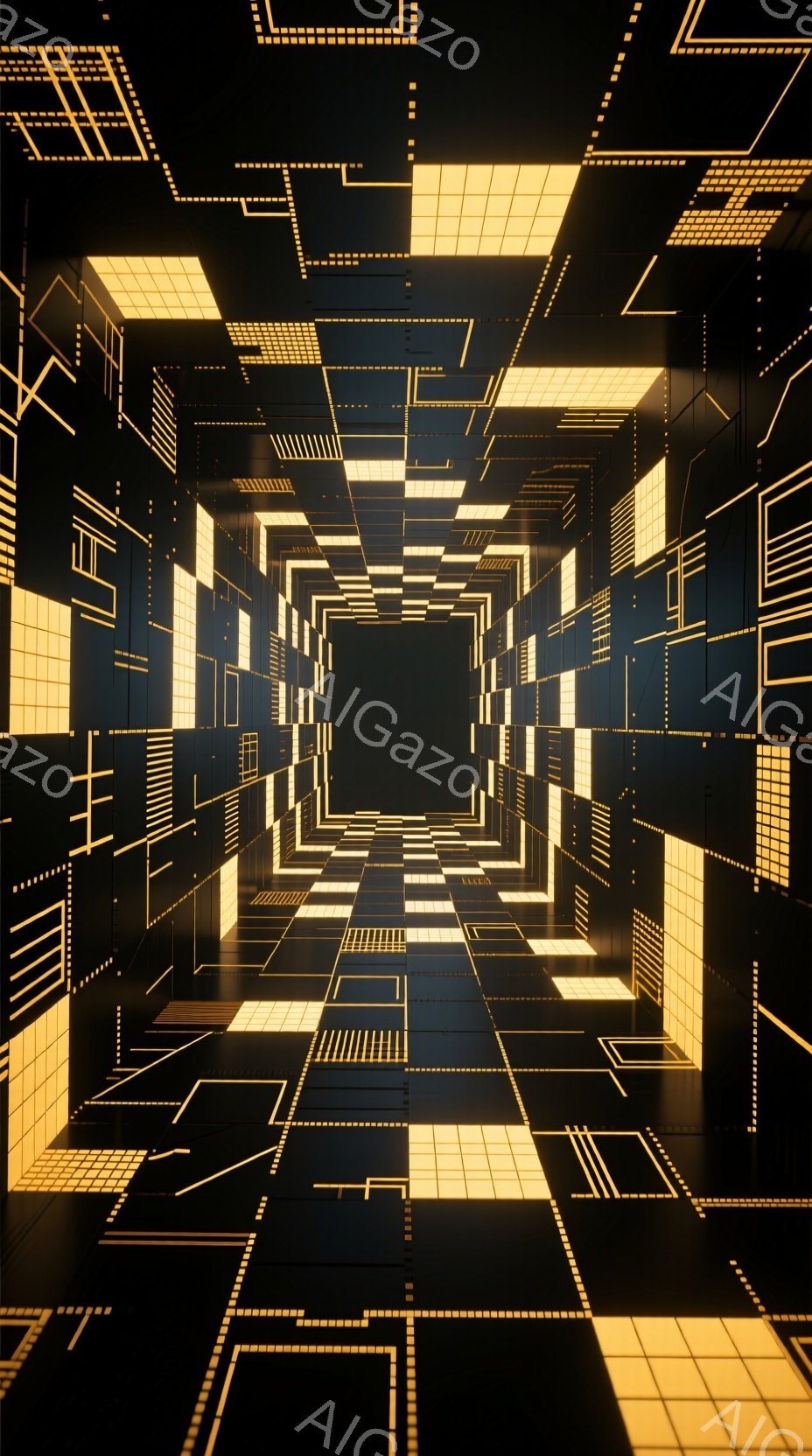 この画像は、無数の発光する黄色の線と四角形で構成された、未来的なトンネルまたは迷路の内部を描いています。幾何学的なパターンが遠近法的に繰り返され、奥行きと無限の空間を作り出しています。全体的に、鮮やかな光とシャープな線が強調され、サイバーパンクやデジタル世界の雰囲気を醸し出しています。