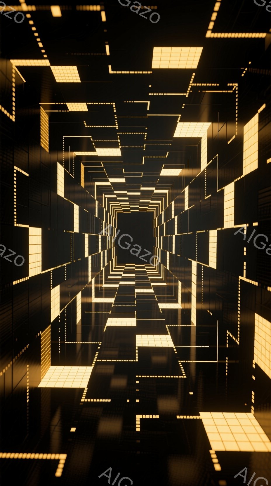 無限に続くような、光る正方形のトンネルが描かれています。黒い鏡面のような床面が光を反射し、奥行きのある視覚効果を生み出しています。未来的な空間でありながら、どこか神秘的な雰囲気を漂わせる、デジタルアー - AI生成フリー素材