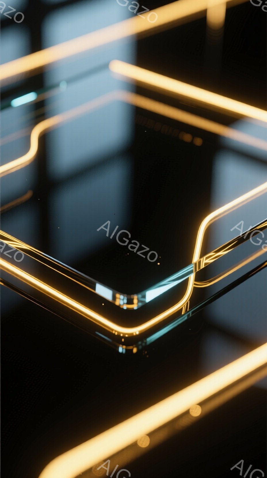 画像は暗い背景に、光る黄色いラインが幾何学的に配置された抽象的な構図です。ラインは光沢のある表面に反射し、未来的な印象を与えます。全体的に、ミニマルで洗練された雰囲気であり、テクノロジーやデザインを想 - AI生成フリー素材