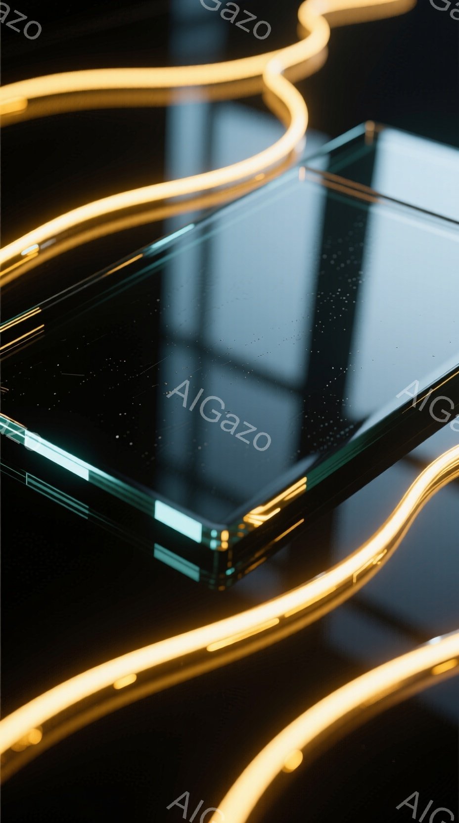 暗い背景にネオンライトのようなオレンジ色の光が幾何学的な形状を描き、その上に透明なガラス状のオブジェクトが配置されている。光の軌跡は躍動感があり、未来的な印象を与える。ガラス状の物体は光を反射し、シャープなラインと光のコントラストが特徴的である。