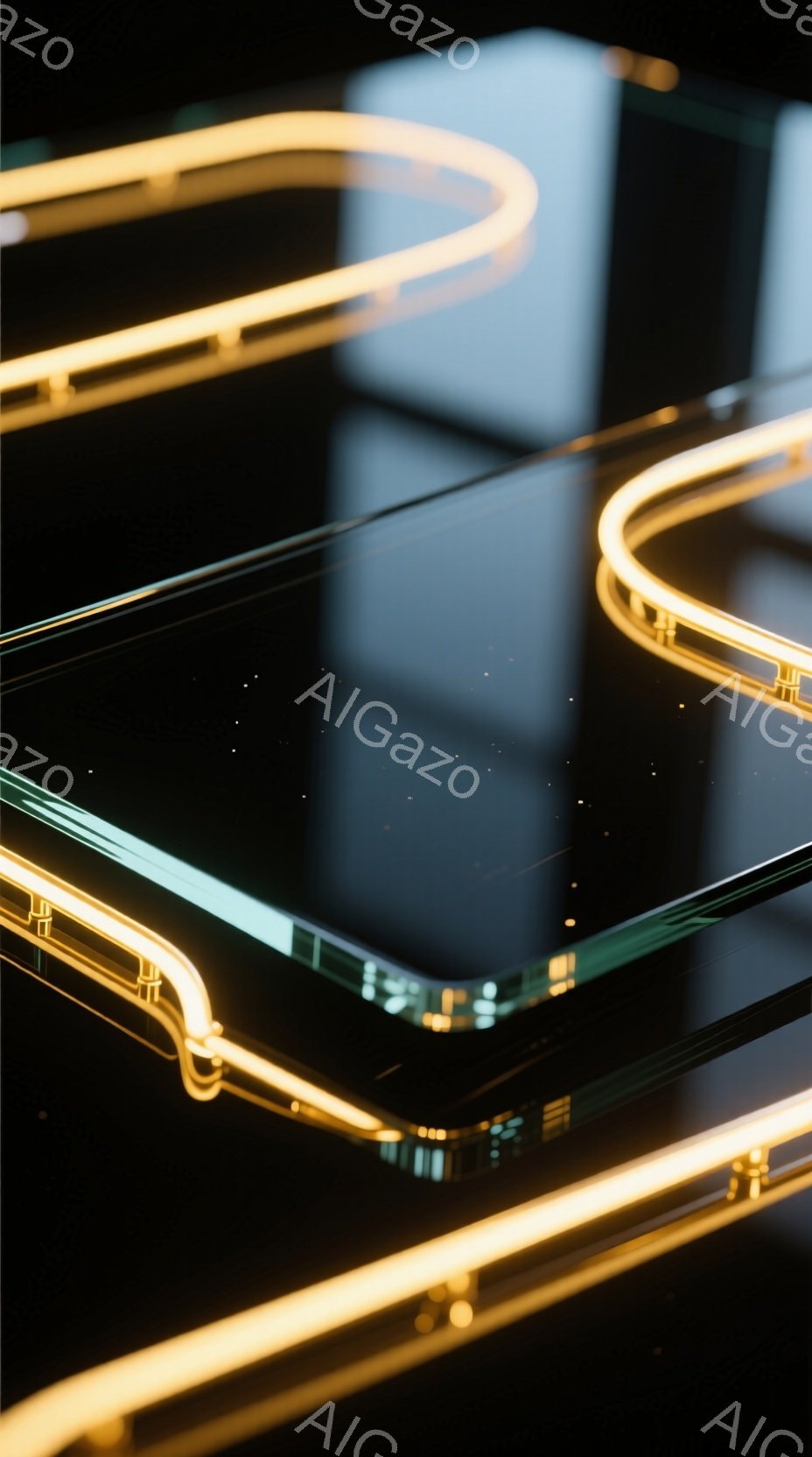 鮮やかなネオンライトが幾何学的な形状を描き、暗い背景に浮かび上がっています。光は滑らかに曲線を描き、反射して奥行きを作り出しており、未来的な印象を与えます。全体的に、ミニマルで洗練された、テクノロジー - AI生成フリー素材