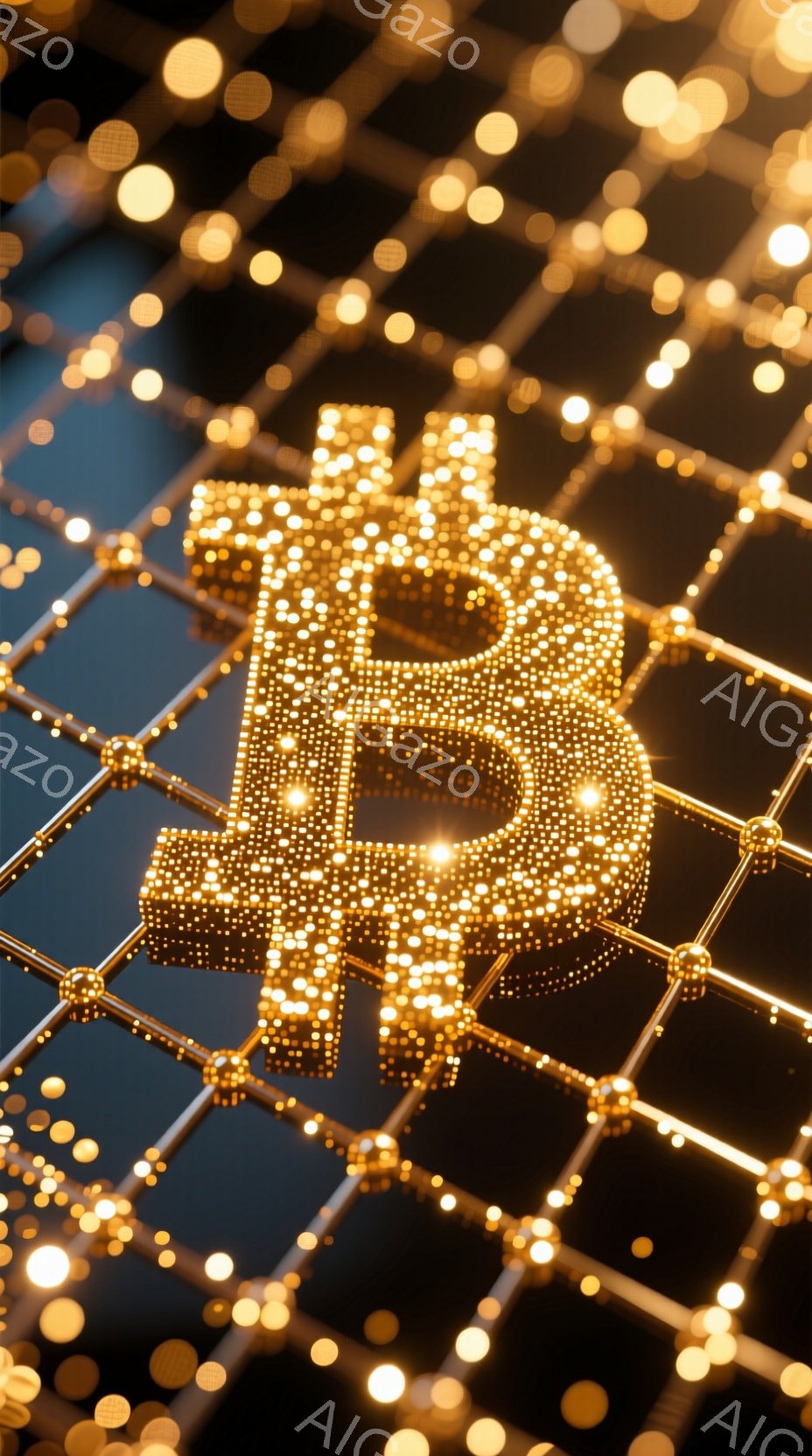 画像は、暗い背景に浮かぶビットコインのシンボルを描写しています。シンボルは無数の輝く金色の粒子で構成され、未来的なネットワークを連想させる線によって繋がれています。全体的に、デジタル通貨の技術的な側面と価値を強調する、華やかで神秘的な雰囲気を醸し出しています。