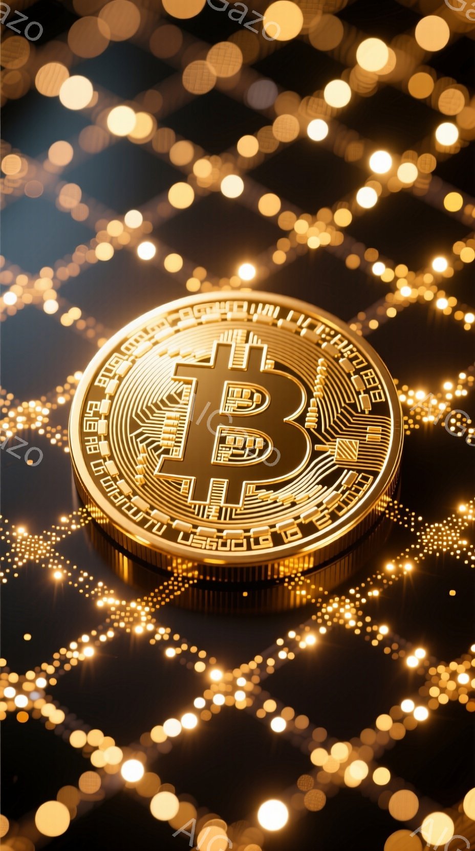 画像は暗い背景に浮かぶビットコインのアイコンを捉えています。金色のぼやけた光の粒子がビットコインの周りを囲み、幻想的で未来的な雰囲気を作り出しています。ビットコインのアイコンは詳細で、その表面には複雑な回路が描かれており、技術的な印象を与えます。