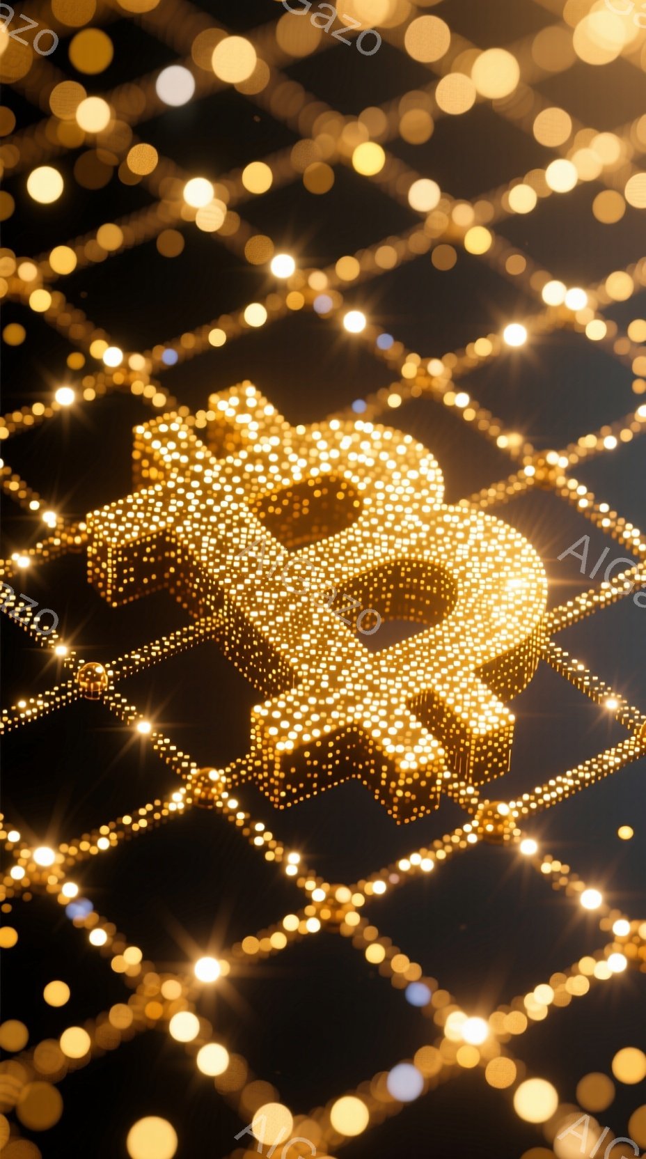 画像は暗い背景に、無数の光の粒子が散りばめられており、その中にまるで宝石でできた文字のようなものが浮かび上がっています。文字は金色の輝きを放ち、複雑な模様で構成されており、きらびやかで幻想的な雰囲気を醸し出しています。全体的に豪華で、どこか神秘的な印象を与えるイメージです。