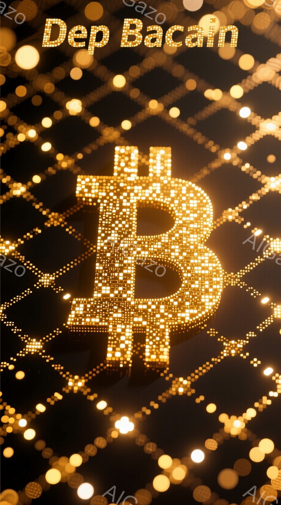 画像は、明るい背景に浮かび上がるビットコインの記号を捉えています。 記号は無数の小さな光の点から構成されており、まるで光り輝くデジタル彫刻のようです。全体的に暖かく、未来的な雰囲気で、技術と金融を象徴しています。