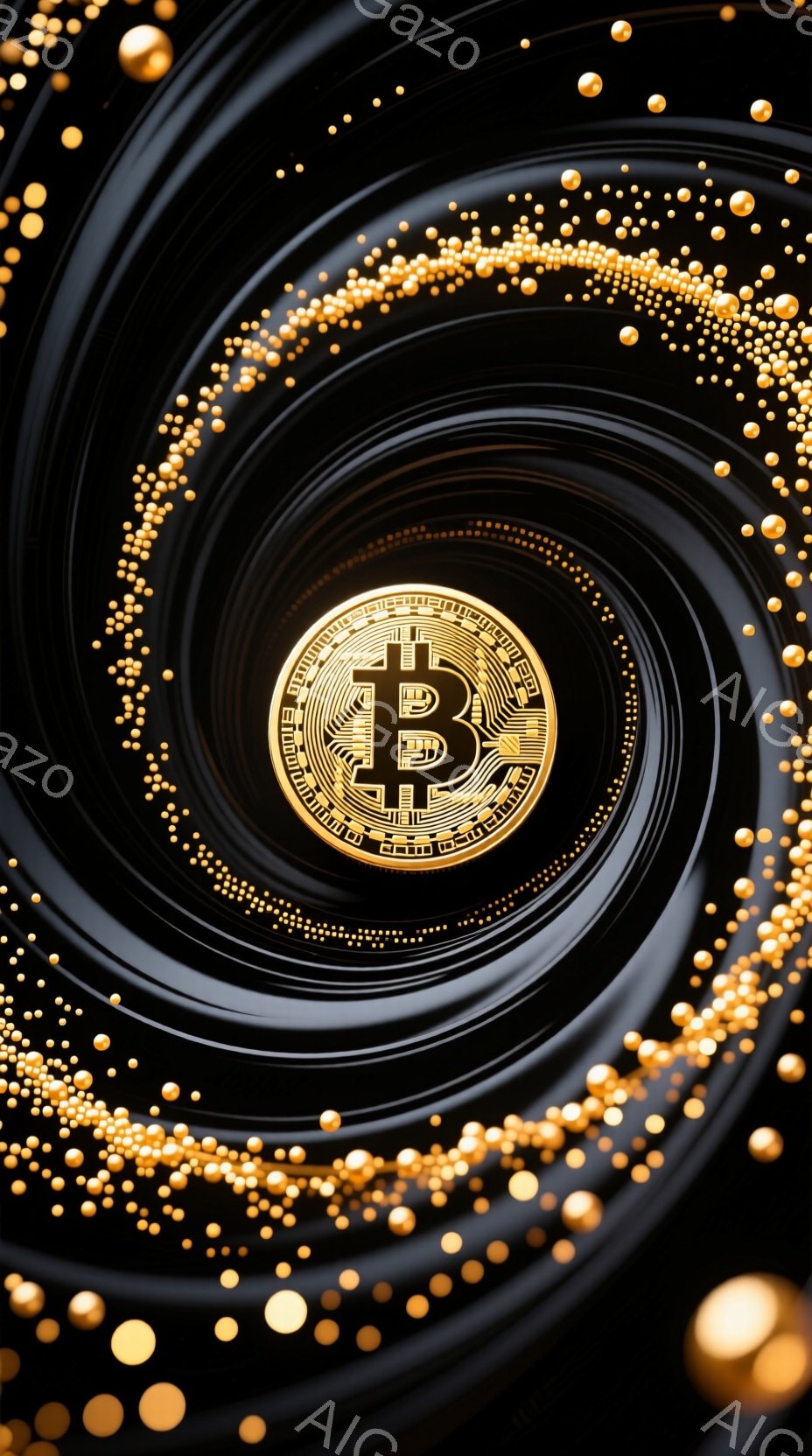 画像は暗い背景にビットコインのロゴが中央に配置され、金色の粒子が渦巻状にロゴの周囲を囲んでいます。金色の粒子は大小さまざまなサイズで、奥行きと動きを演出し、ロゴを際立たせています。全体的に、豪華で神秘的、そしてテクノロジーを象徴するような雰囲気です。