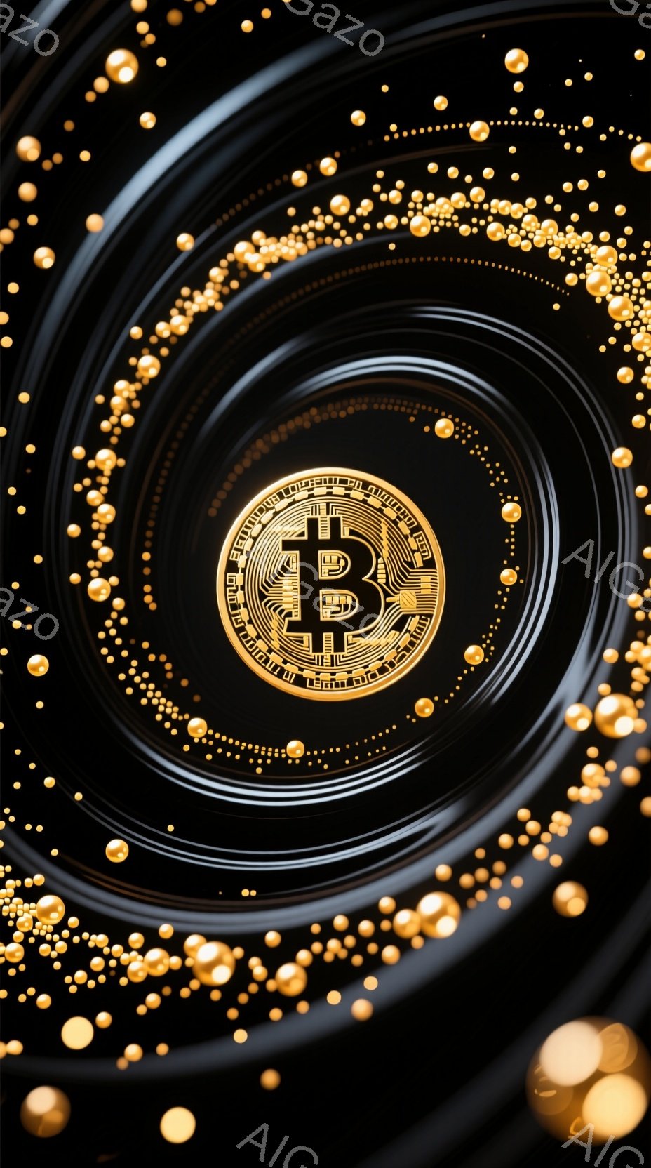 鮮やかな黒色の渦巻状の背景に、金色のビットコインのロゴが中央に配置されています。ロゴの周囲には、金色の小さな球体が散りばめられ、光沢のある立体感を強調しています。 全体的に洗練された印象で、デジタル通貨の未来的な雰囲気を醸し出しています。