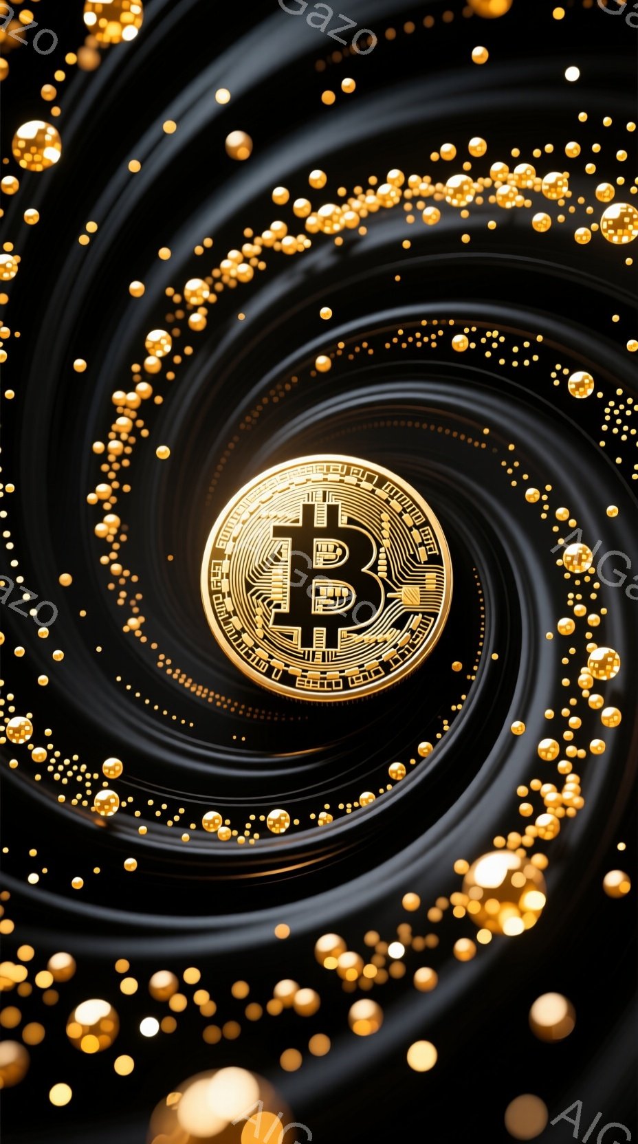 漆黒の背景に、金色のビットコインマークが中央に配置され、渦巻くような光の粒子が周囲を取り囲んでいます。光の粒子は、ビットコインマークから放射状に広がり、奥行きのある幻想的な空間を創り出しています。全体的に、現代的で洗練された、デジタル通貨の未来を象徴するような雰囲気です。