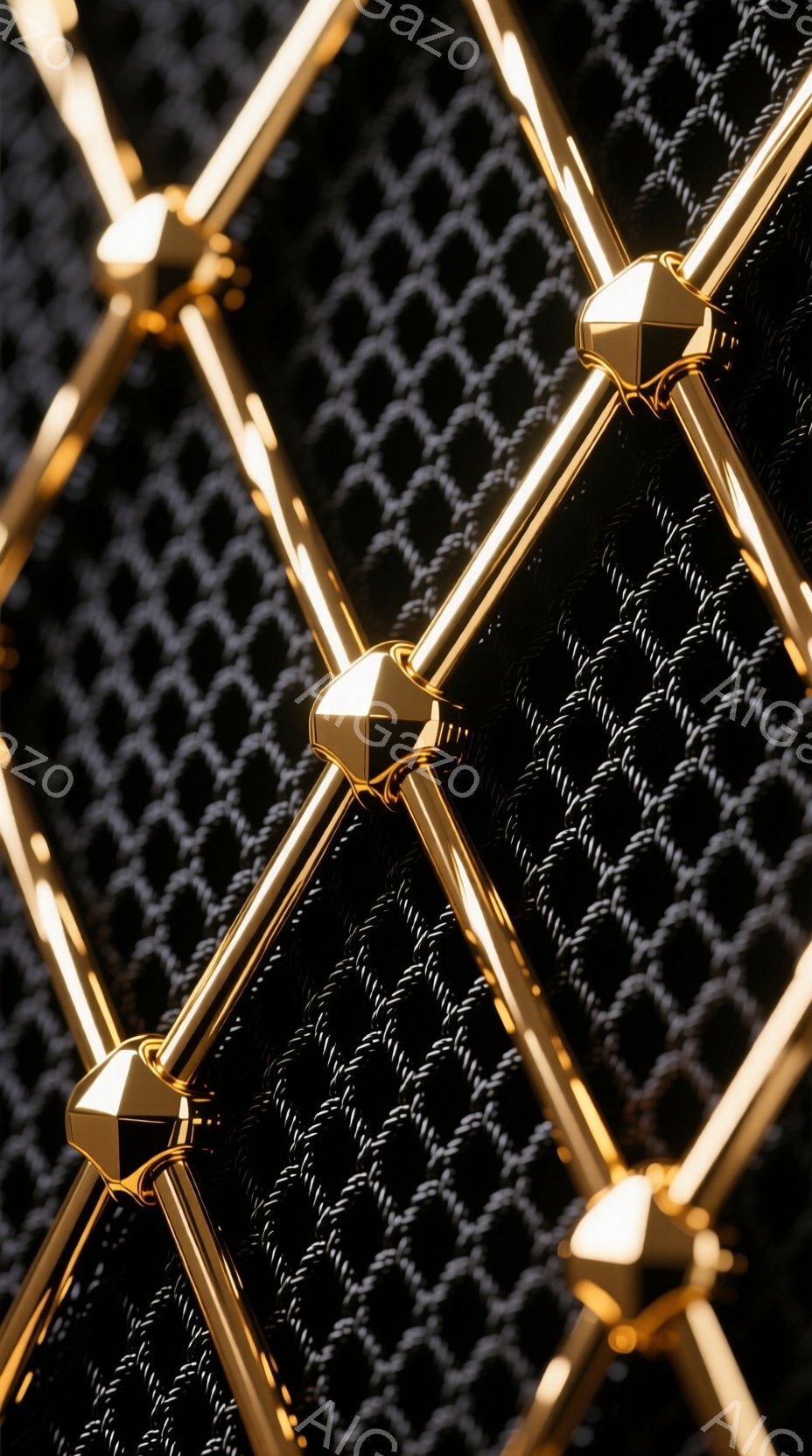 鮮やかな黄金色の金属フレームが、黒色の細かい網状の背景に複雑に組み合わさっている様子が捉えられている。フレームは、角度のある幾何学的な形状をしており、光沢があり、背景の暗さとのコントラストが際立っている。全体として、高級感とモダンな雰囲気を醸し出す、抽象的な視覚表現である。