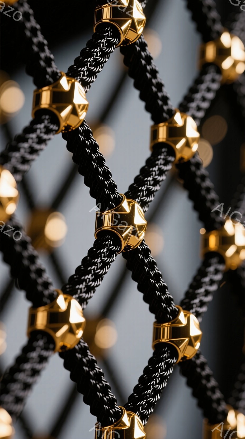 画像は黒色の編み込み紐が金色の金属製の装飾で繋がれたクローズアップです。背景はぼかされた光の点が散りばめられたグレーで、編み込み模様が際立っています。全体的に洗練された印象で、アクセサリーやファッションアイテムの一部として捉えられます。