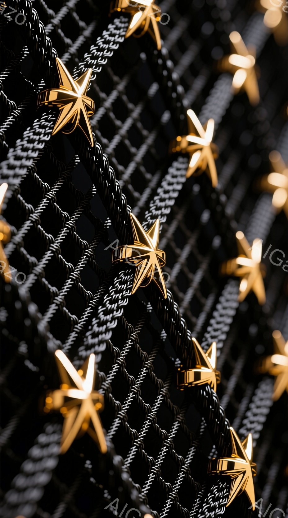 画像は黒いバーバリー風のジャケットに金色の星が散りばめられたクローズアップです。ジャケットの表面は細かい装飾が施され、まるでバーブワイヤーのようなテクスチャが特徴的です。金色の星は、ジャケットにアクセントを加え、視覚的な魅力を高めています。