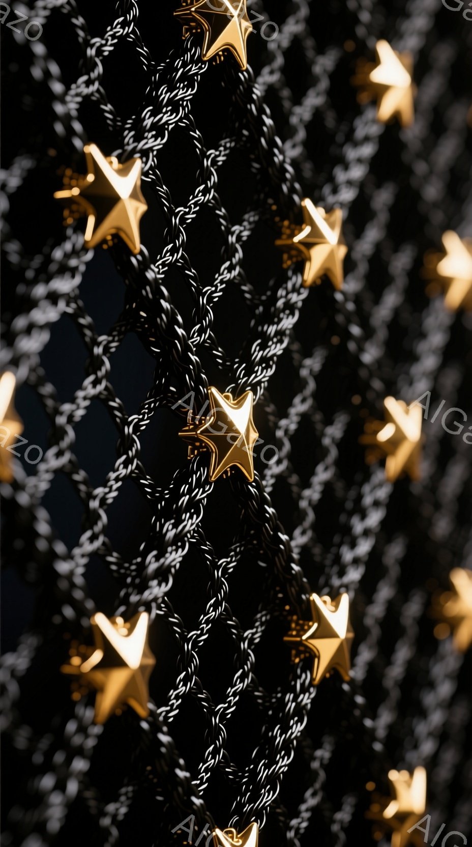 黒背景に、金色の星が複雑な模様を描くロープが密集して編み込まれている様子が写っている。ロープはねじれており、星のモチーフが規則的に配置されていることで、独特のテクスチャと視覚的なリズムを生み出している。全体的に、モダンで幾何学的なデザインが際立つ、洗練された印象を与える画像である。