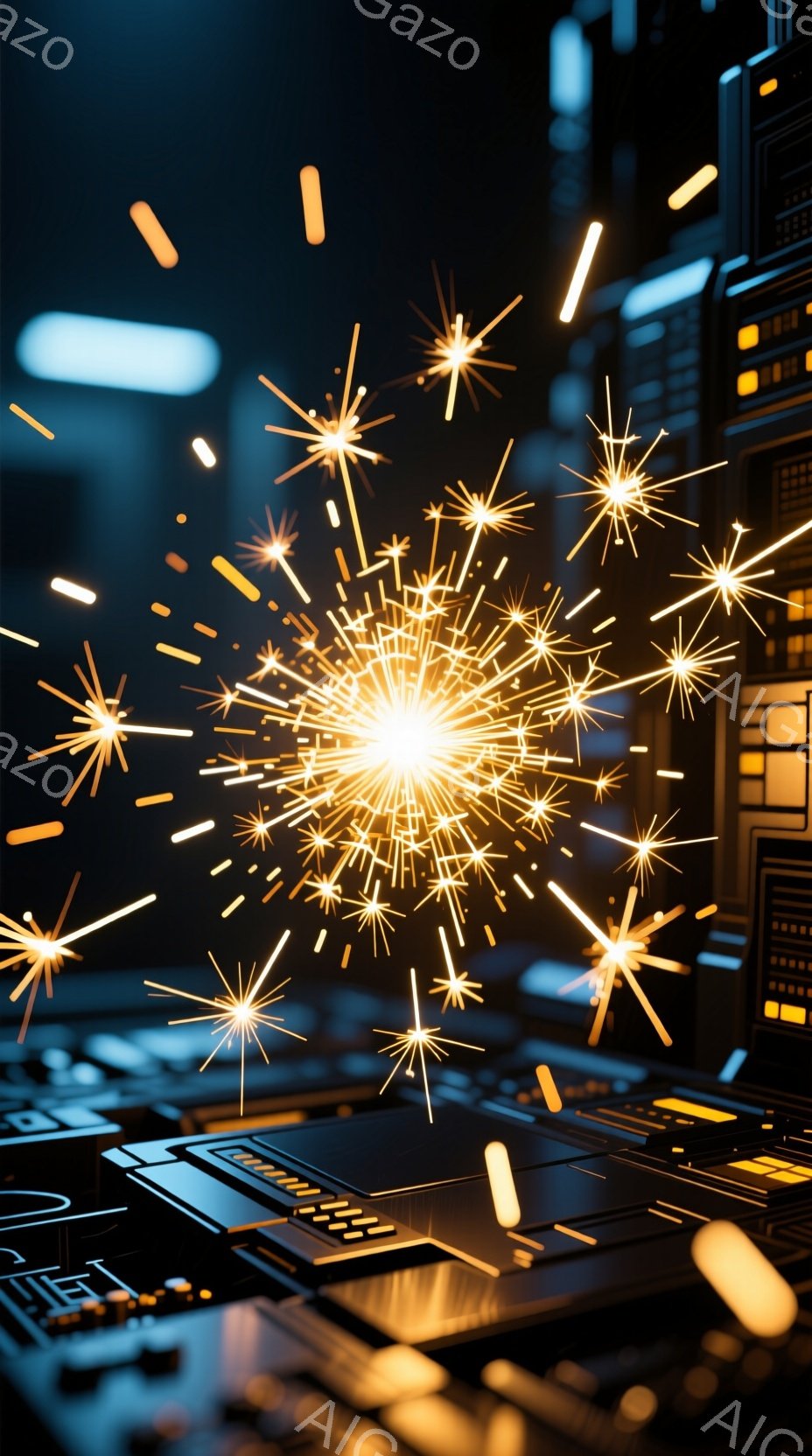 暗い背景に、鮮やかな金色の光の粒子が集中して爆発している様子が描かれています。下部には、未来的なデザインの電子基板のような構造物が配置され、光の粒子がその上空で輝きを放っています。全体的に、テクノロジーとエネルギーが融合した、近未来的な雰囲気を醸し出しています。