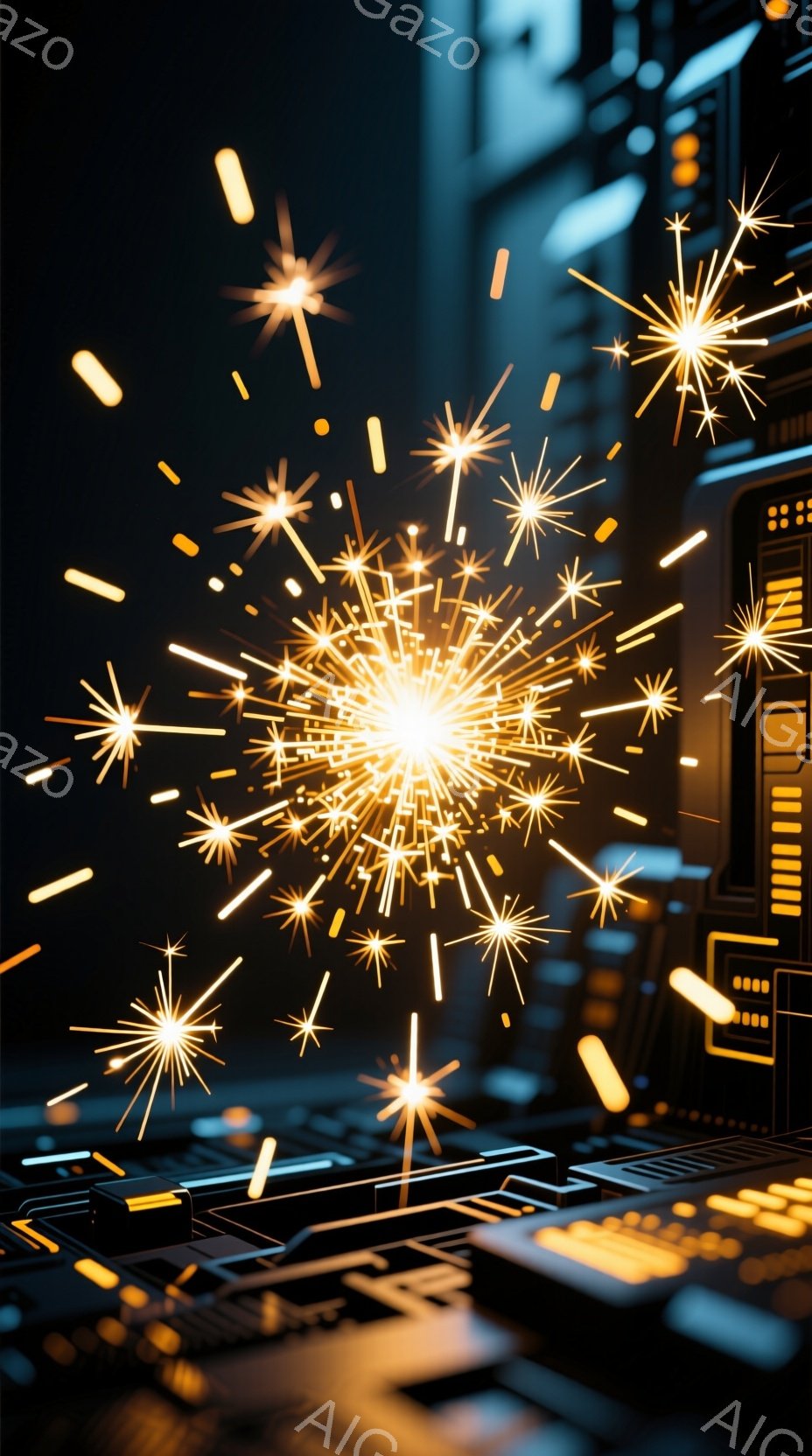 暗い背景に、きらめく光の粒子が爆発するように広がっている様子が捉えられています。下部には、未来的な回路基板のような構造物が光を放ち、高科技な雰囲気を醸し出しています。全体的に、SF映画のワンシーンのような、躍動感と神秘的な雰囲気が漂っています。