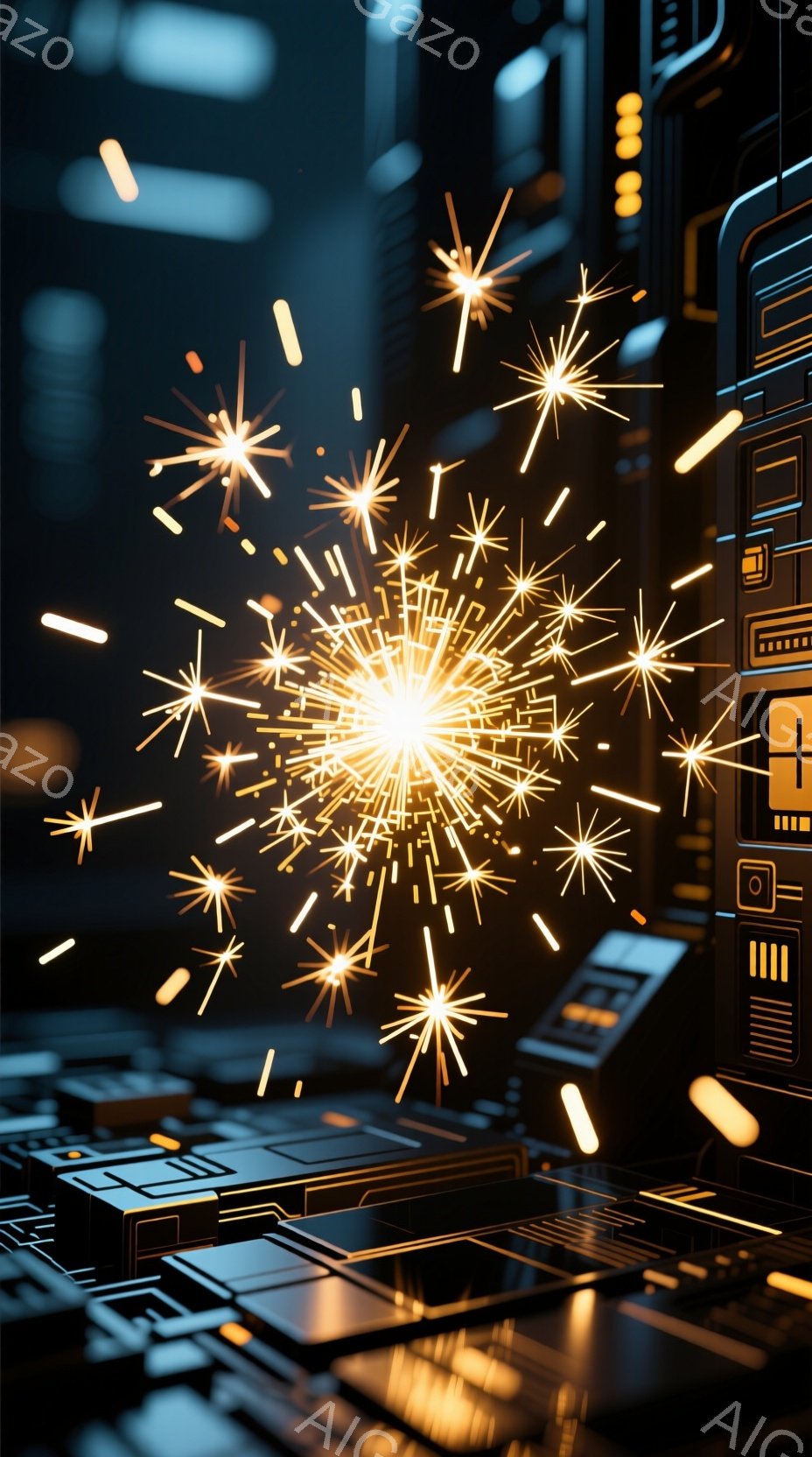 鮮やかなオレンジ色の光が、複雑な回路基板の上に散りばめられたように輝いている。光は星屑のように細かく、基板の暗い背景と対照的に、未来的な雰囲気を醸し出している。基板の金属的な質感と光の煌めきが合わさり - AI生成フリー素材