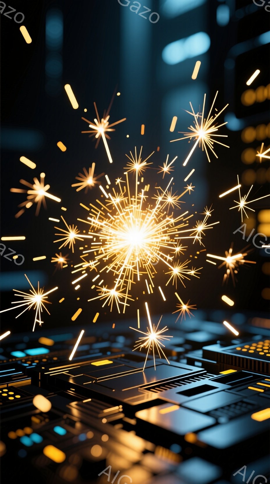 暗い背景に、コンピューターの回路基板が配置され、その上に鮮やかな光の粒子が咲き乱れている様子が描かれている。光の粒子は花火のように輝き、回路基板とコントラストをなして、デジタル世界における創造性とエネルギーを表現している。全体的に、テクノロジーと芸術が融合した、近未来的な雰囲気を感じさせる画像である。