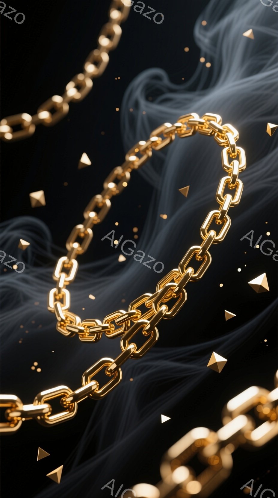 黄金色のチェーンが、暗い背景に浮かび上がっており、周囲には小さな金色のダイヤモンドのような粒子が舞い散っている。チェーンはねじれたように配置され、流れるような煙のような模様が背景を彩っている。 全体的に、豪華で神秘的な雰囲気を醸し出している。